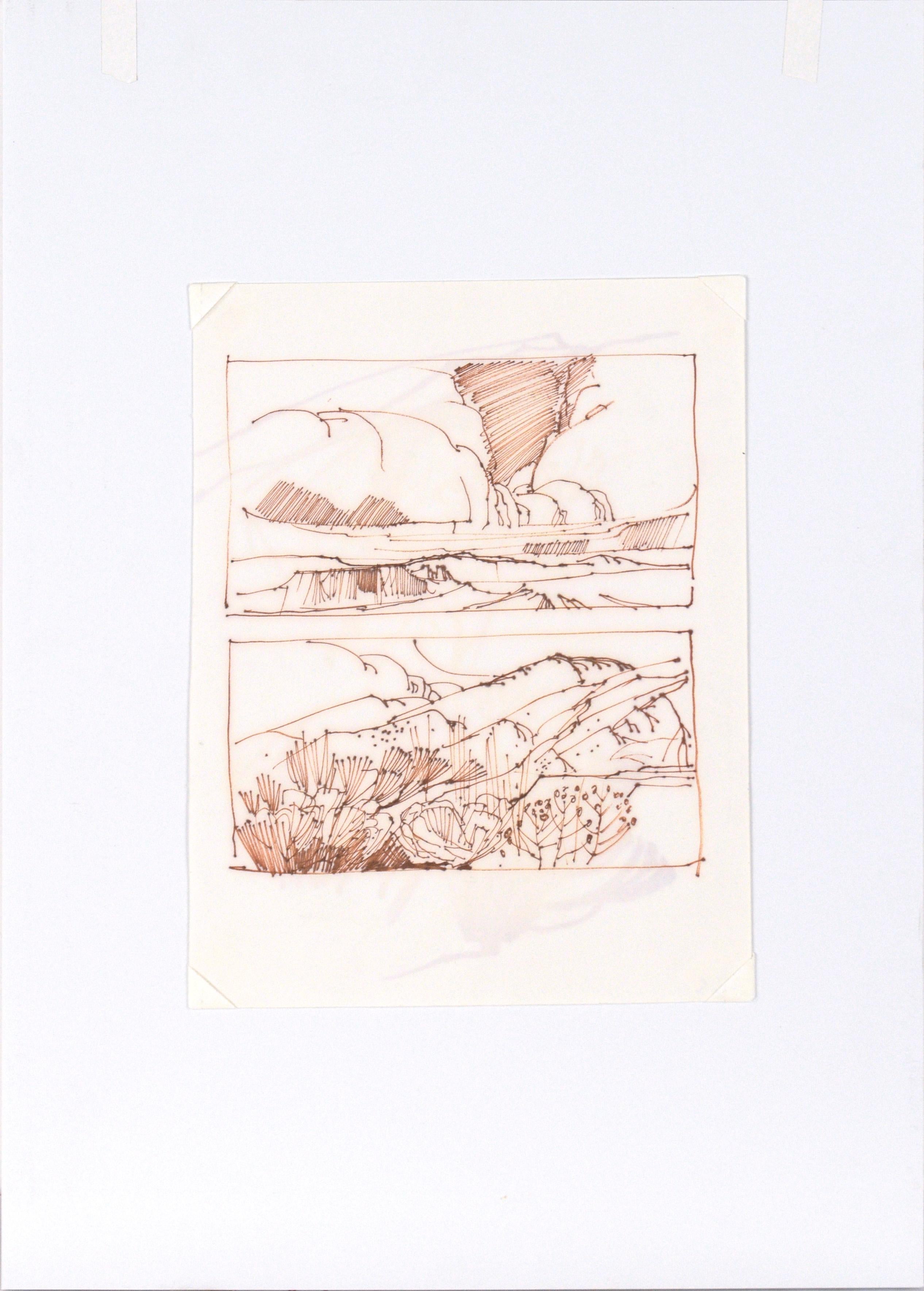 Two High Desert Landscapes - Line Drawing in Sepia-Toned Ink on Paper For Sale 1