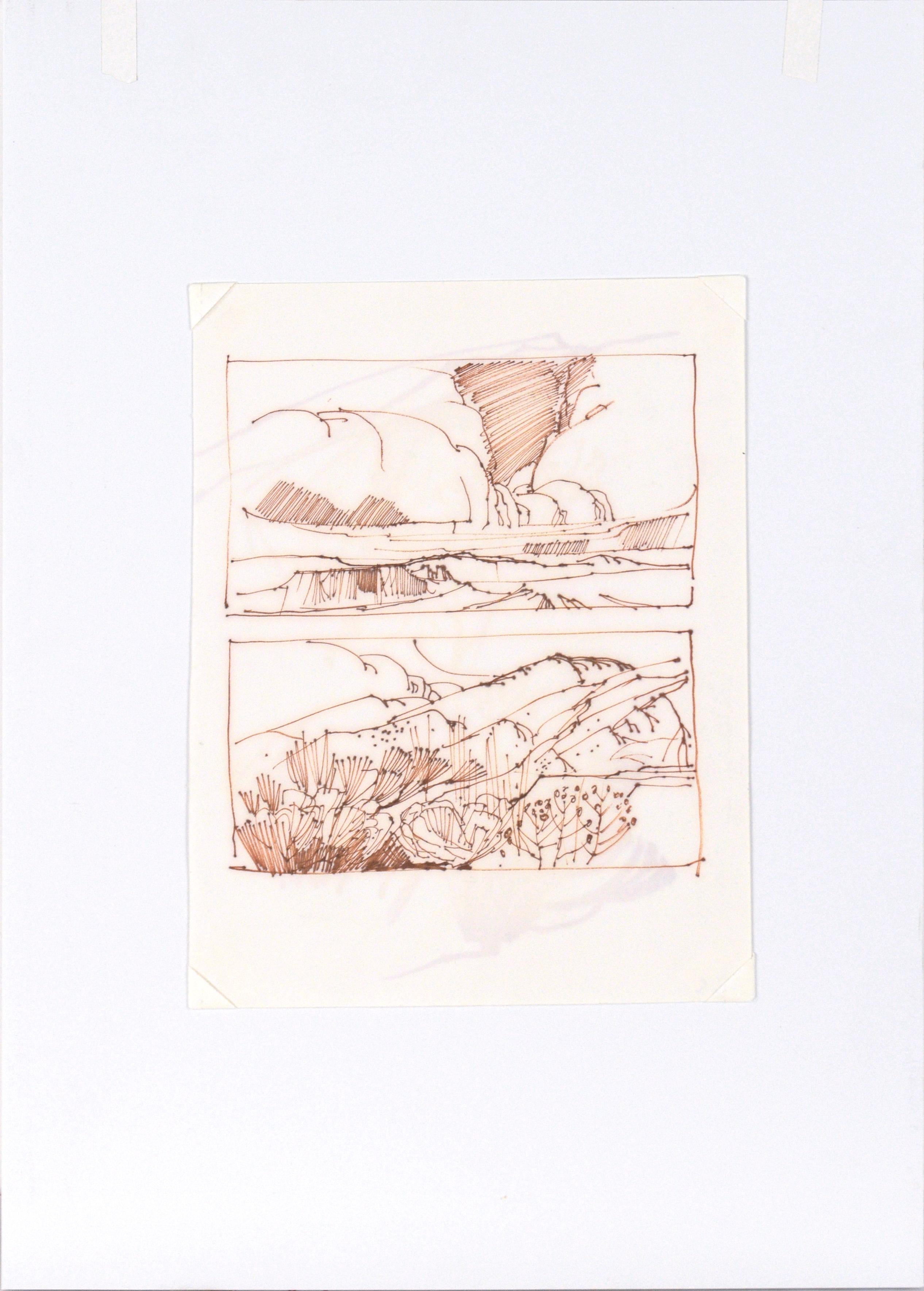 Due paesaggi dell'alto deserto - Disegno al tratto con inchiostro color seppia su carta in vendita 3