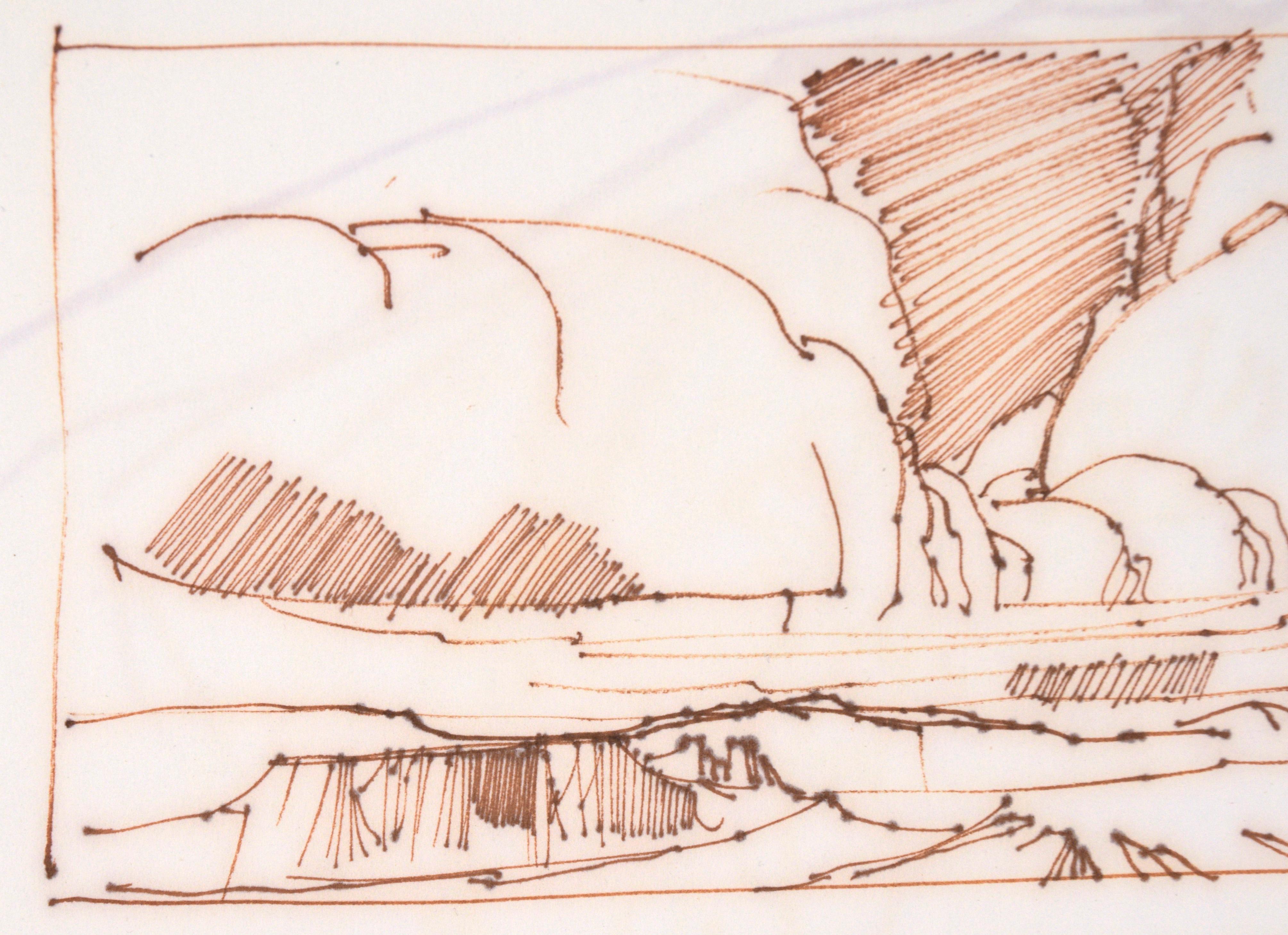 Two High Desert Landscapes - Line Drawing in Sepia-Toned Ink on Paper - Orange Landscape Art by Laurence Sisson
