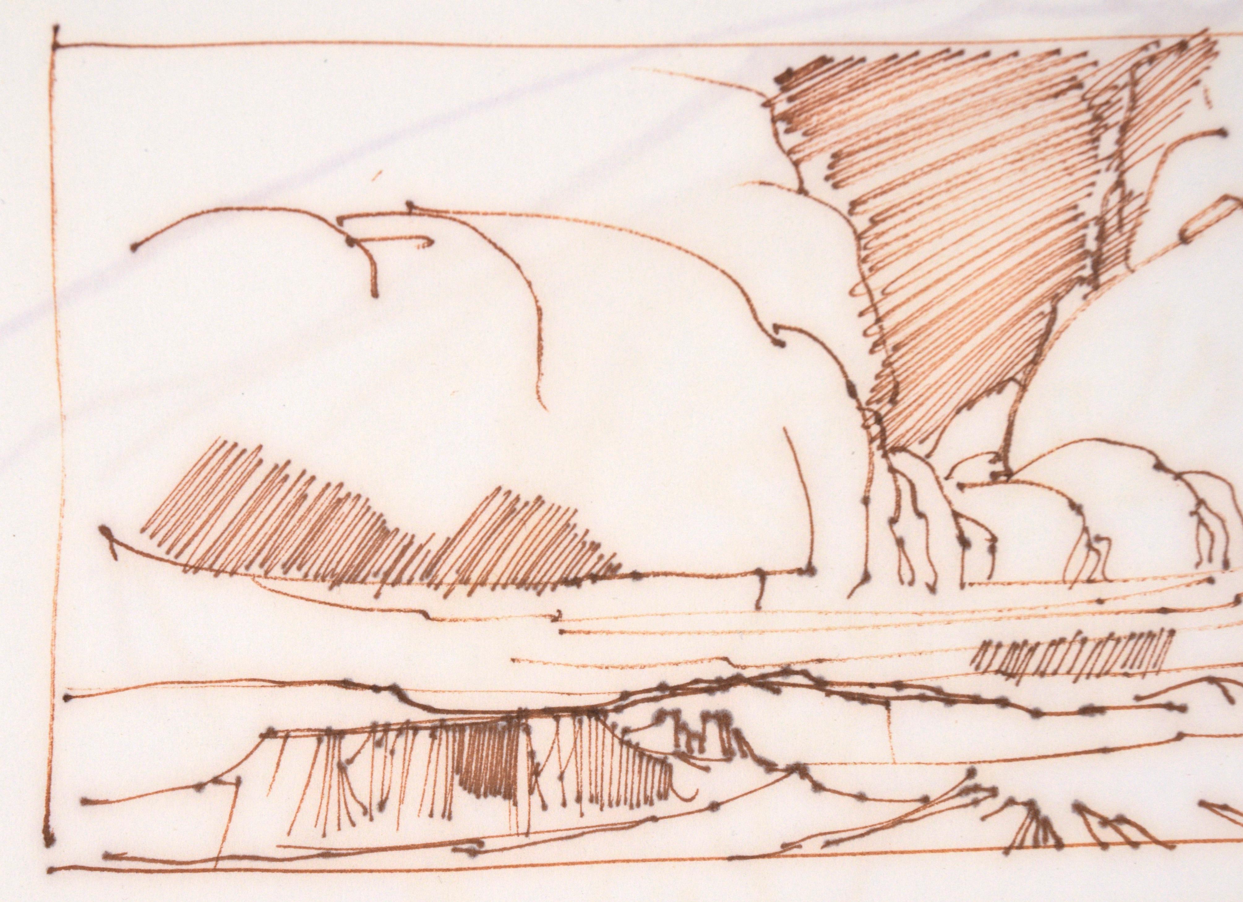 Due paesaggi dell'alto deserto - Disegno al tratto con inchiostro color seppia su carta - Landscape Art Arancia di Laurence Sisson
