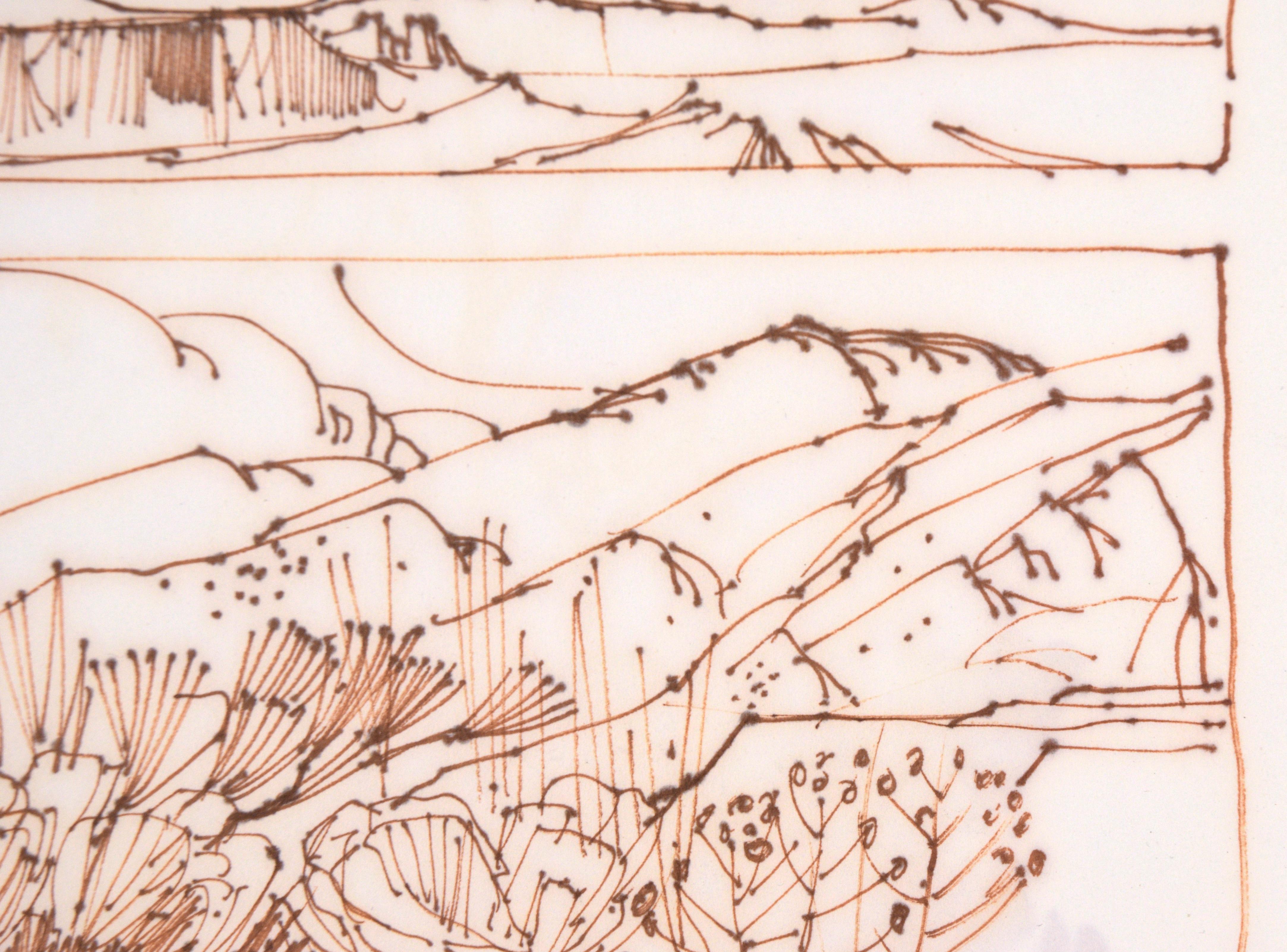 Due paesaggi dell'alto deserto - Disegno al tratto con inchiostro color seppia su carta

Audaci disegni al tratto di paesaggi dell'artista del Maine Laurence Sisson (americano, 1928-2015). Nell'immagine in alto, gigantesche nuvole cumuliformi
