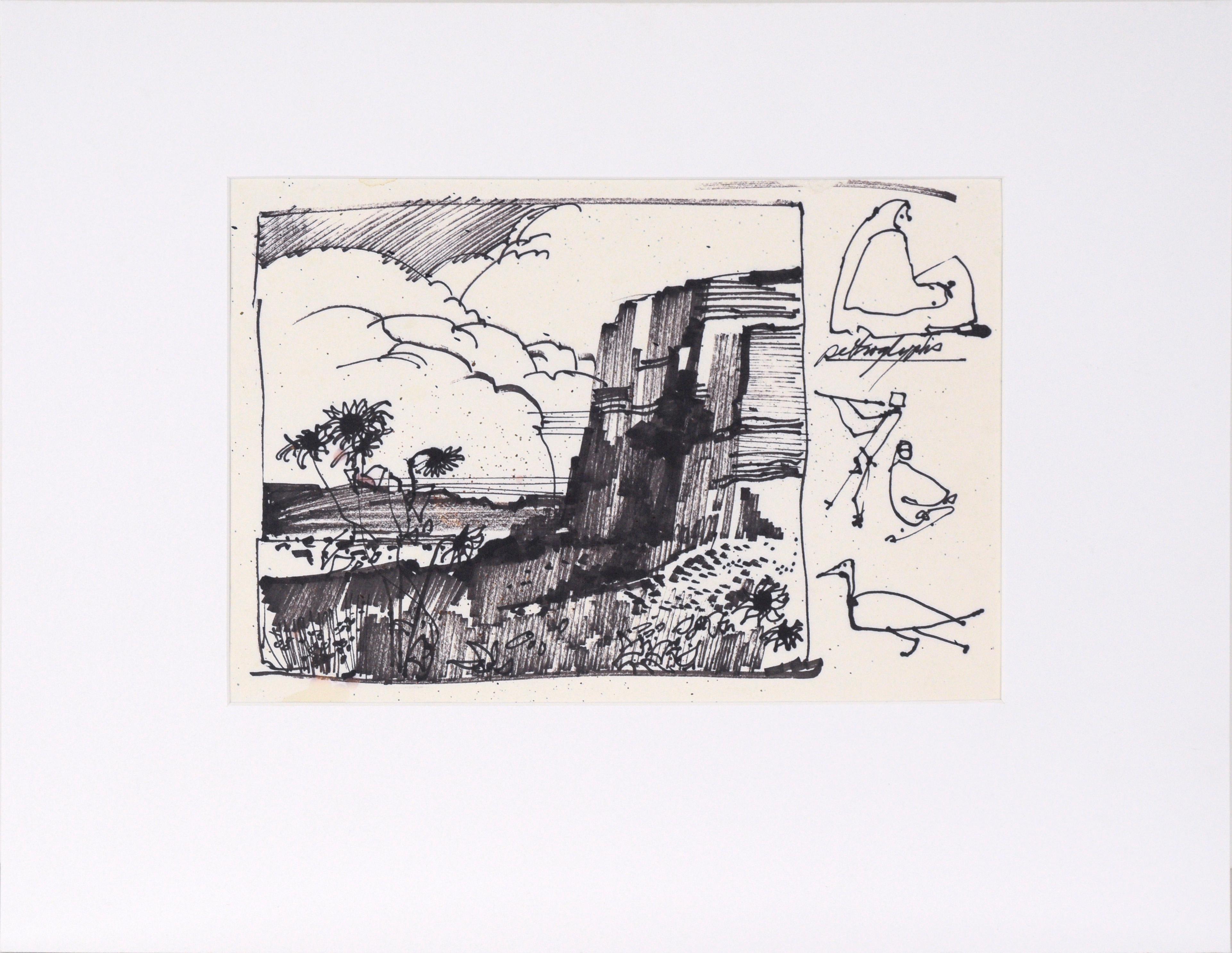 Laurence Sisson Landscape Art - Desert Sunflowers & Petroglyphs - Line Drawing Landscape in Ink on Paper