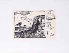 Vintage Desert Sunflowers & Petroglyphs - Line Drawing Landscape in Ink on Paper