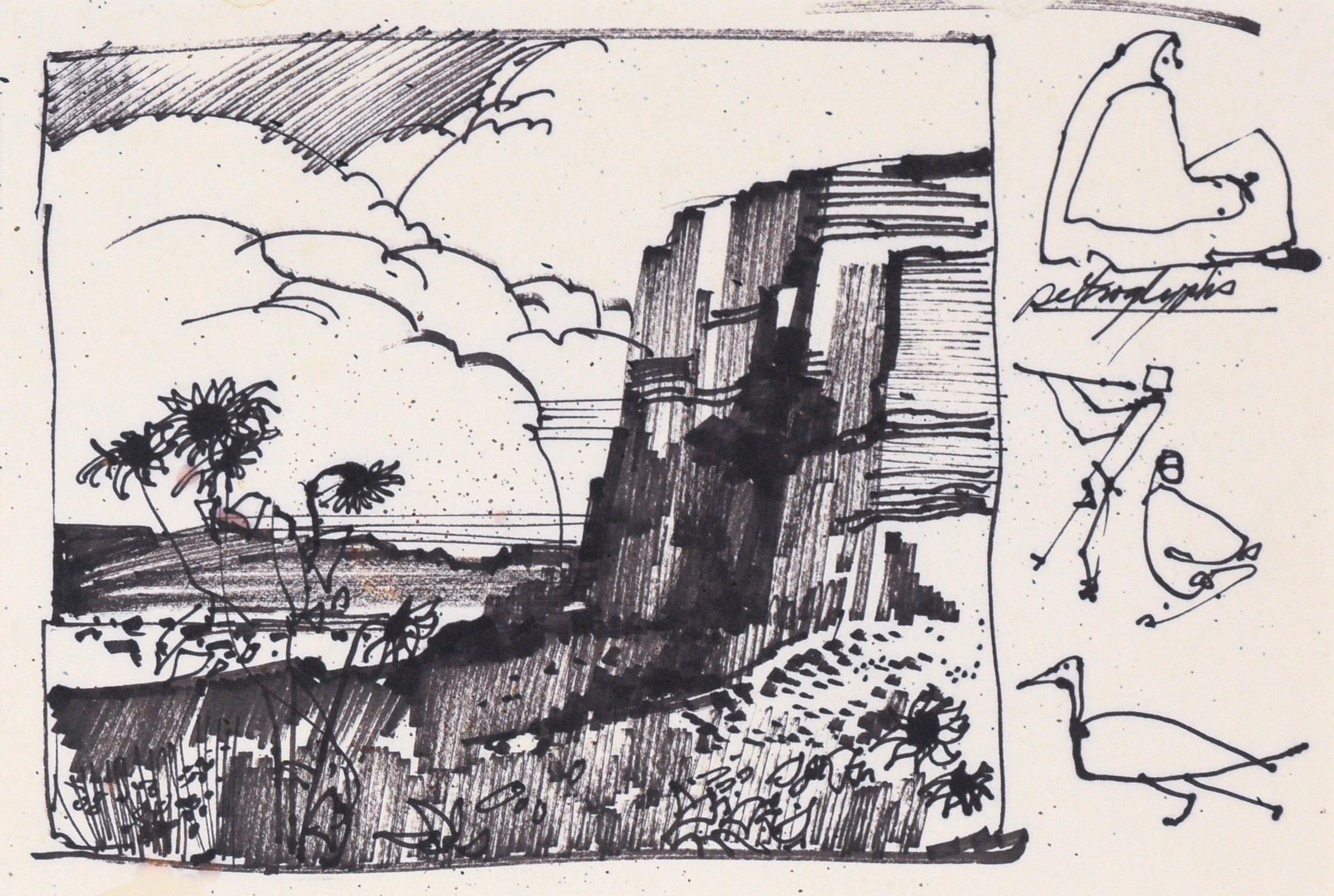 Desert Sunflowers & Petroglyphs - Line Drawing Landscape in Ink on Paper - Art by Laurence Sisson