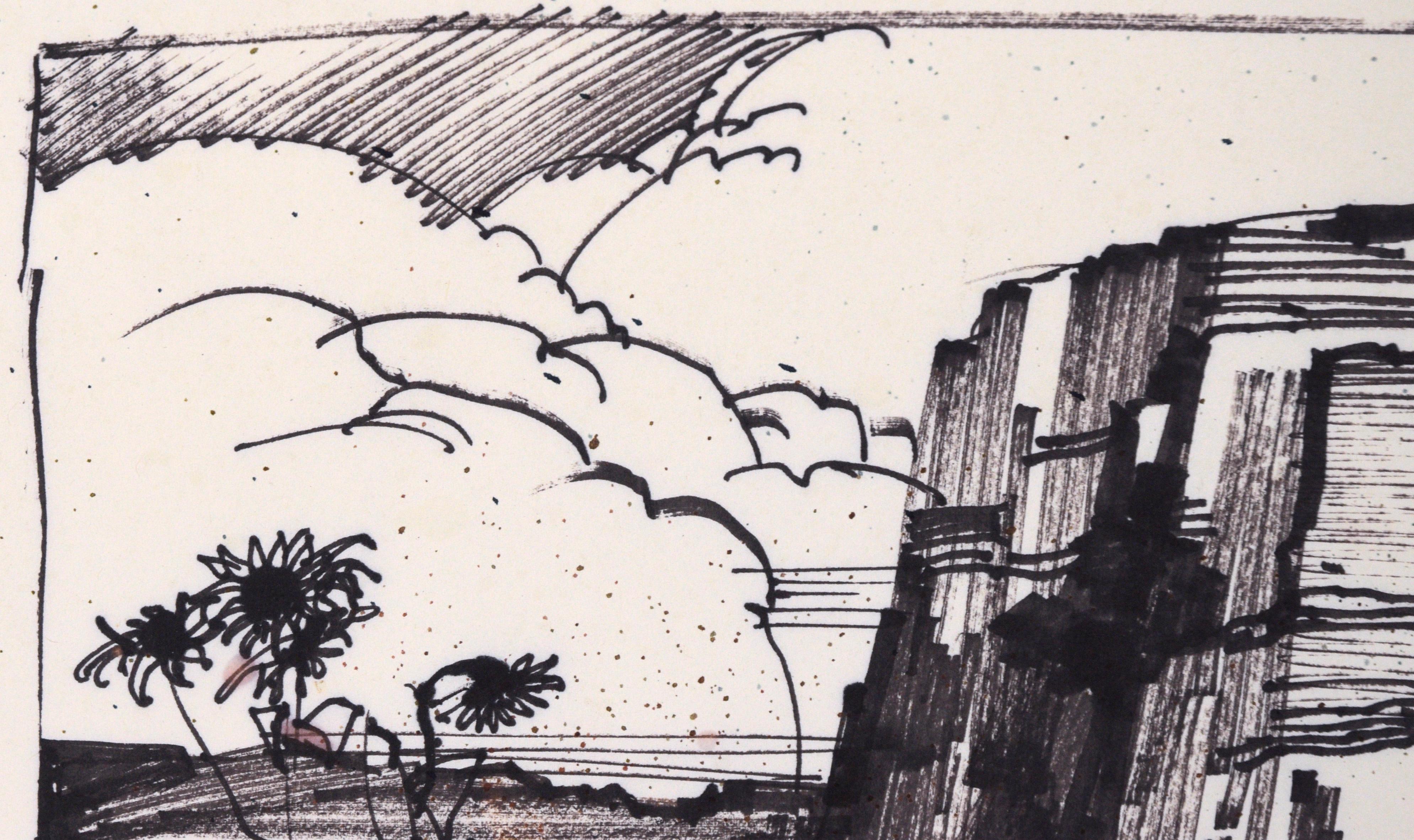 Desert Sunflowers & Petroglyphs - Line Drawing Landscape in Ink on Paper - American Impressionist Art by Laurence Sisson