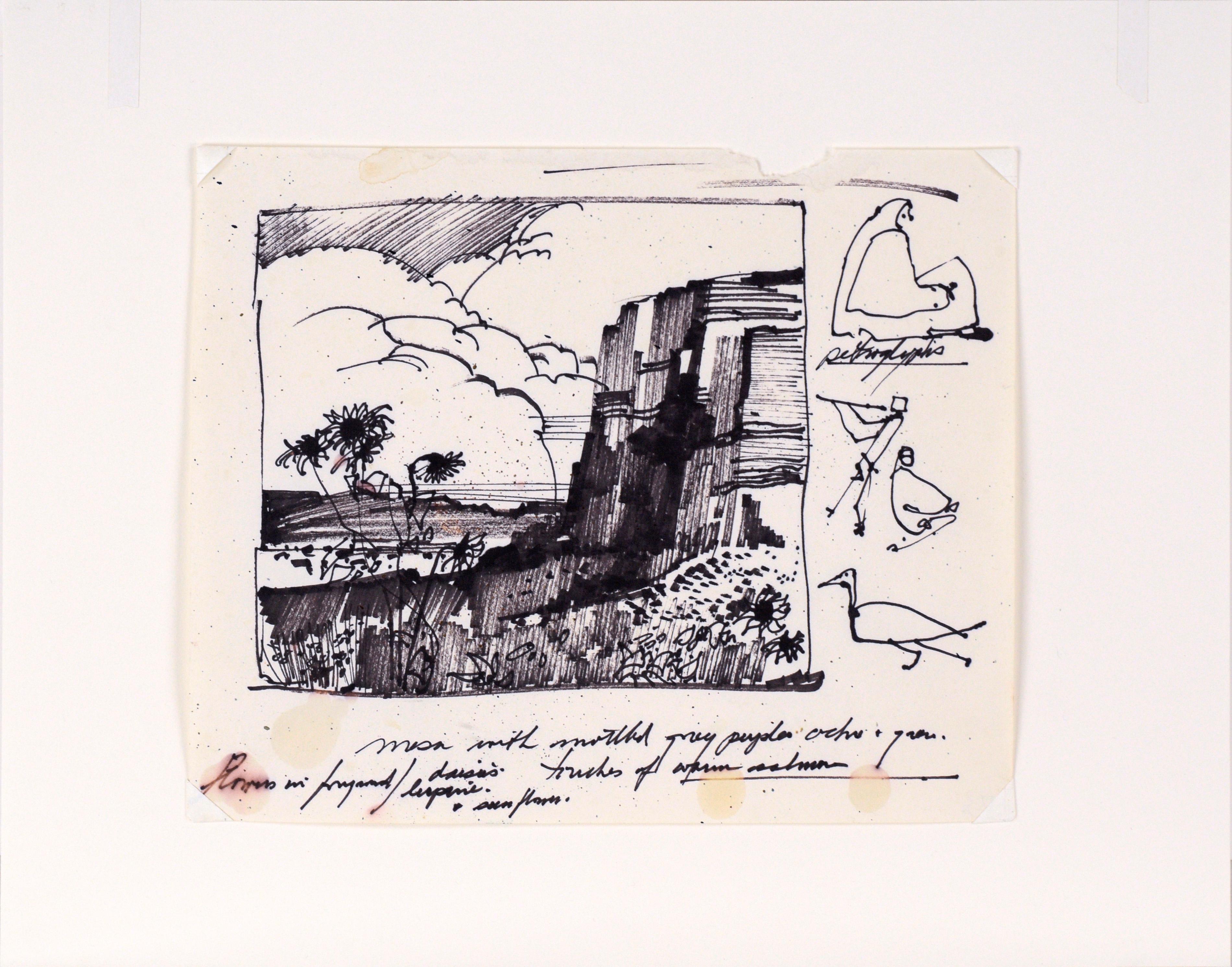 Desert Sunflowers & Petroglyphs - Line Drawing Landscape in Ink on Paper For Sale 6