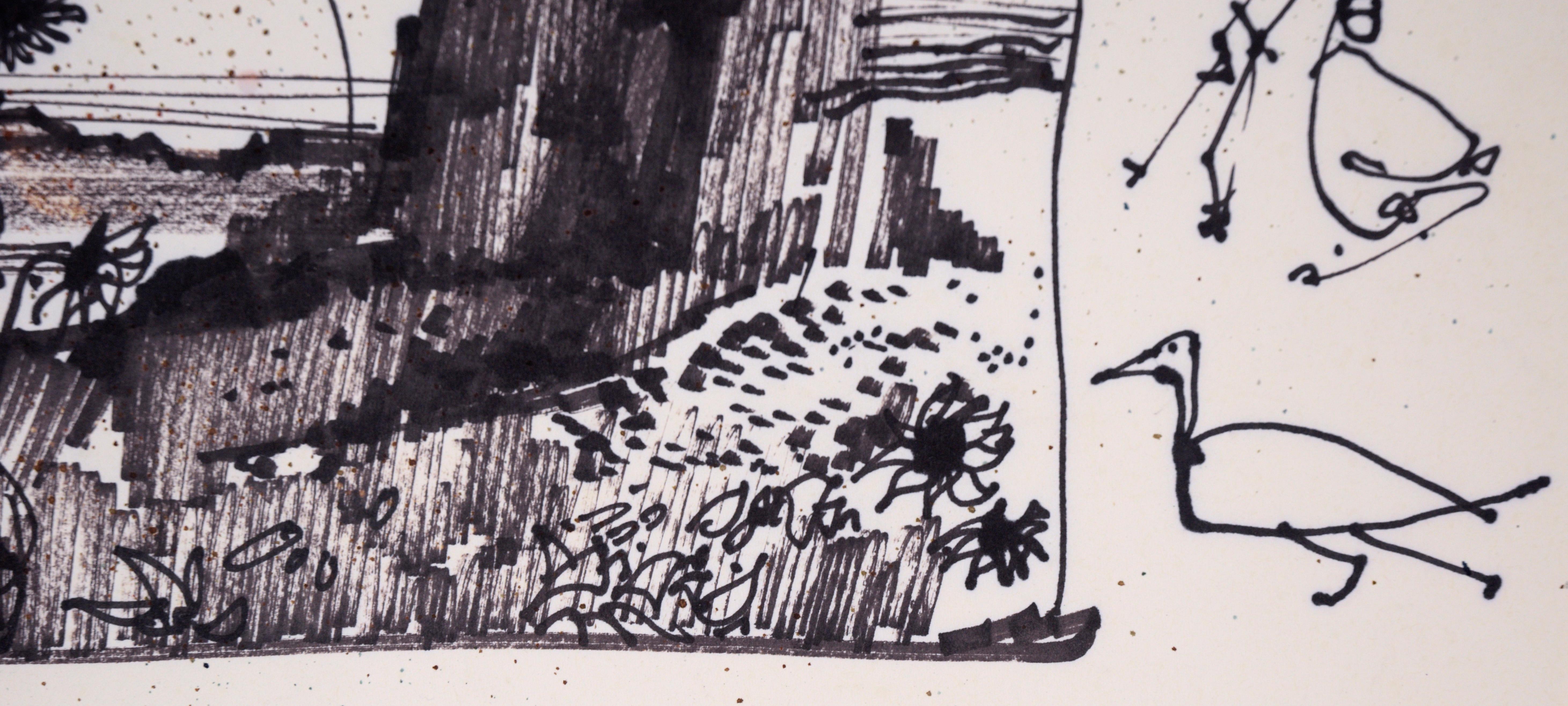 Desert Sunflowers & Petroglyphs - Line Drawing Landscape in Ink on Paper For Sale 5