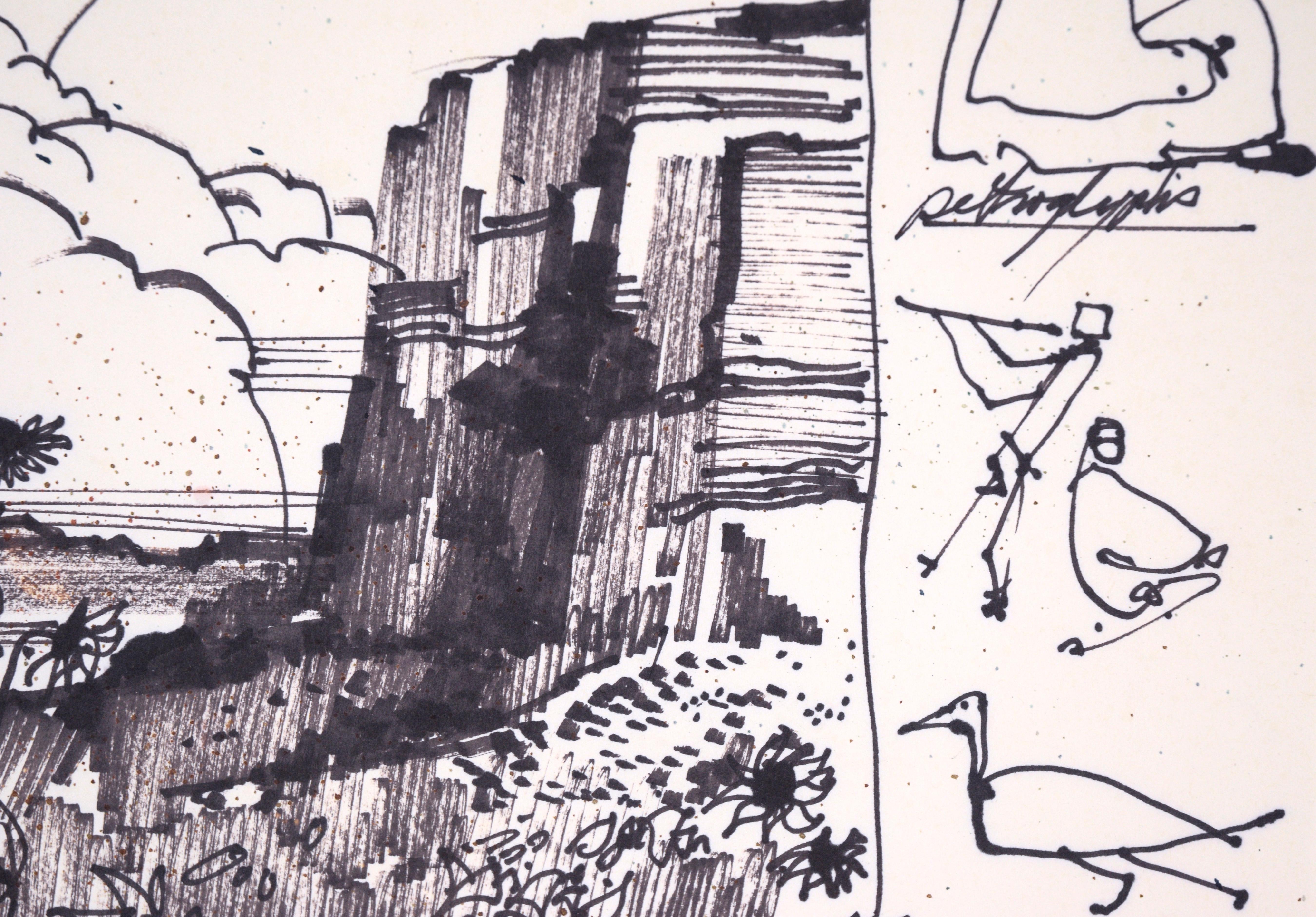 Girasoli del deserto e petroglifi - Paesaggio disegnato con inchiostro su carta

Audace disegno al tratto del paesaggio dell'artista del Maine Laurence Sisson (americano, 1928-2015). I girasoli del deserto sono in primo piano con un altopiano