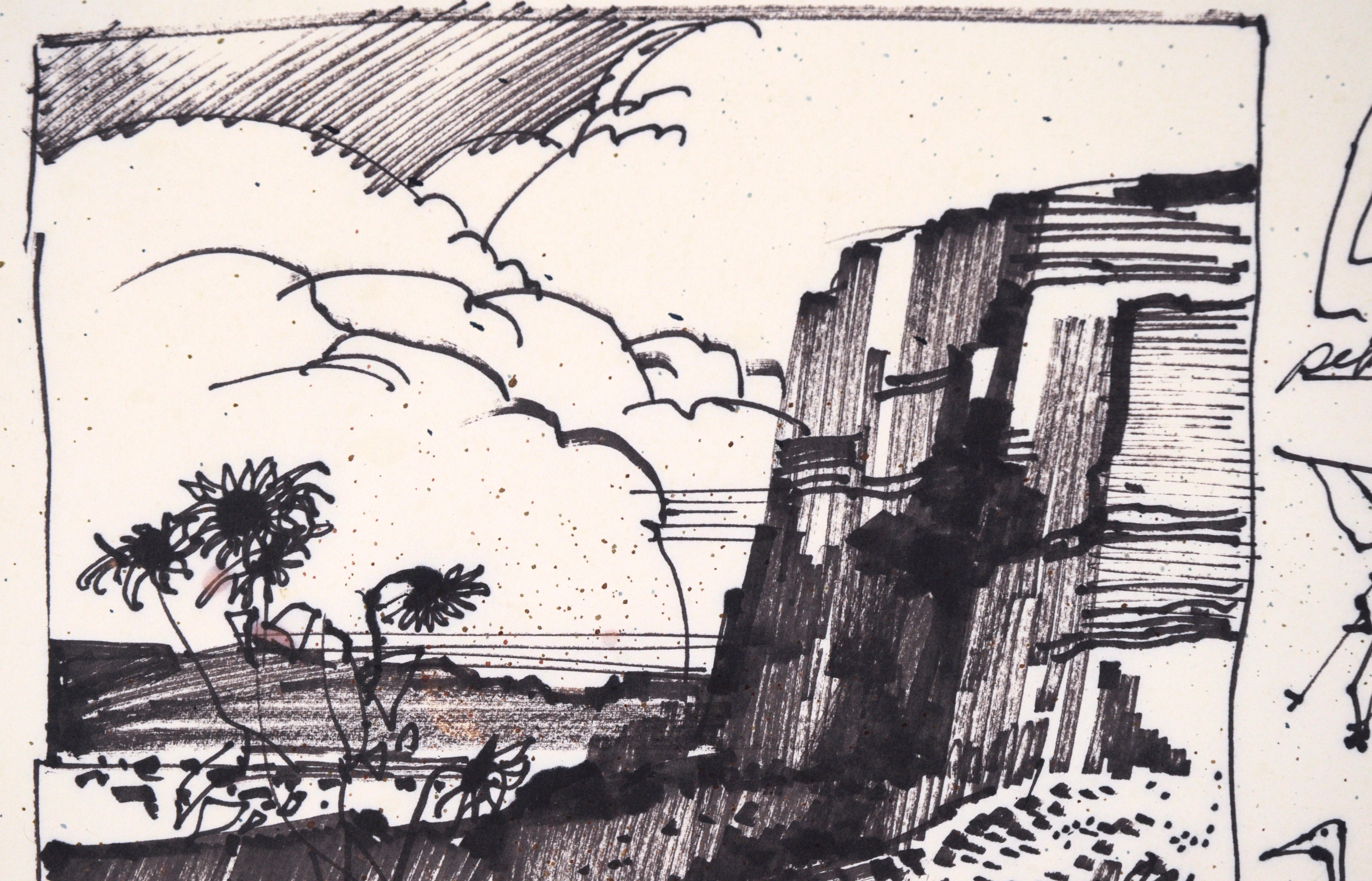 Girasoli del deserto e petroglifi - Paesaggio disegnato con inchiostro su carta - Landscape Art Grigio di Laurence Sisson