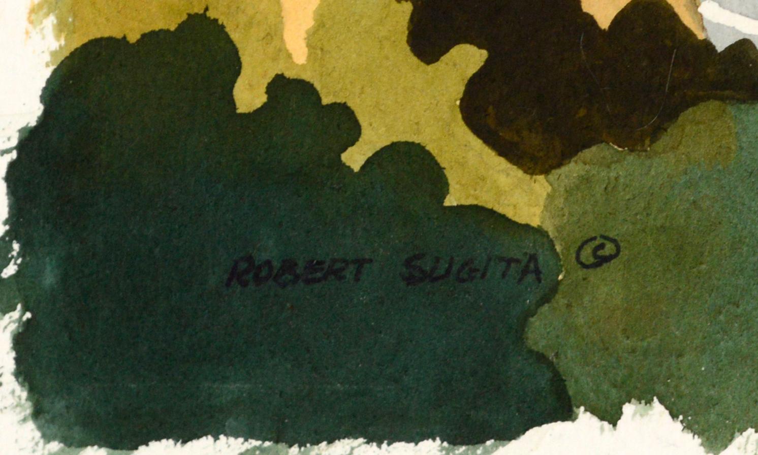 Aquarell auf Papier von San Jose Hills 
Eine Americana-Ansicht der Hügel um San Jose von Robert Sugita (Amerikaner, geb. 1938). Der Künstler aus Cupertino besuchte 1961 die Fresno State und erlernte später die Aquarellmalerei. Er unterhielt ein