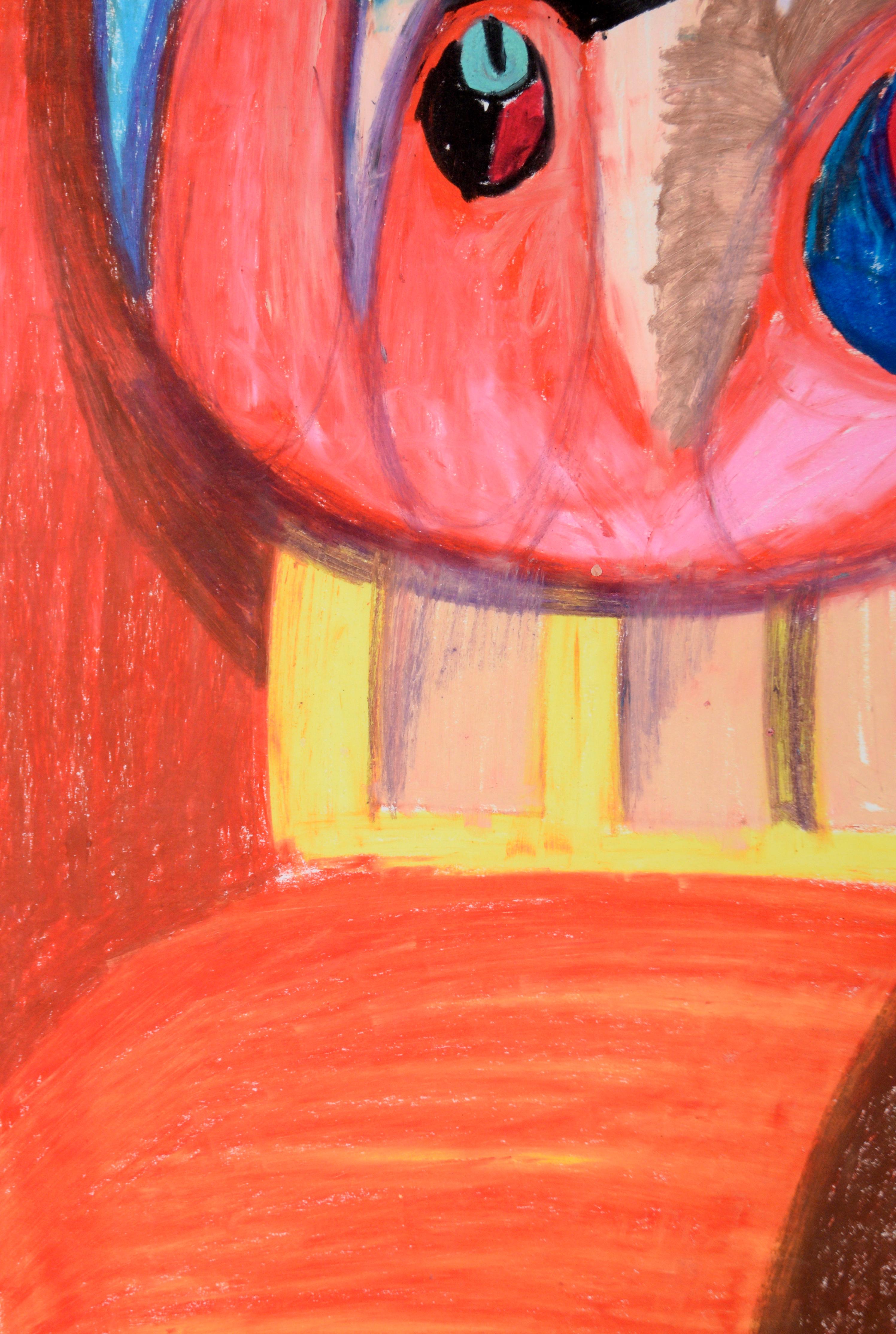 Abstrahiertes kubistisches Türkenporträt in Pastell auf Papier

Leuchtend farbiges abstraktes Porträt von Michael William Eggleston (Amerikaner, 20. Jahrhundert). Eine abstrahierte Figur ist mit einem truthahnähnlichen Gesicht und Schwanzfedern mit