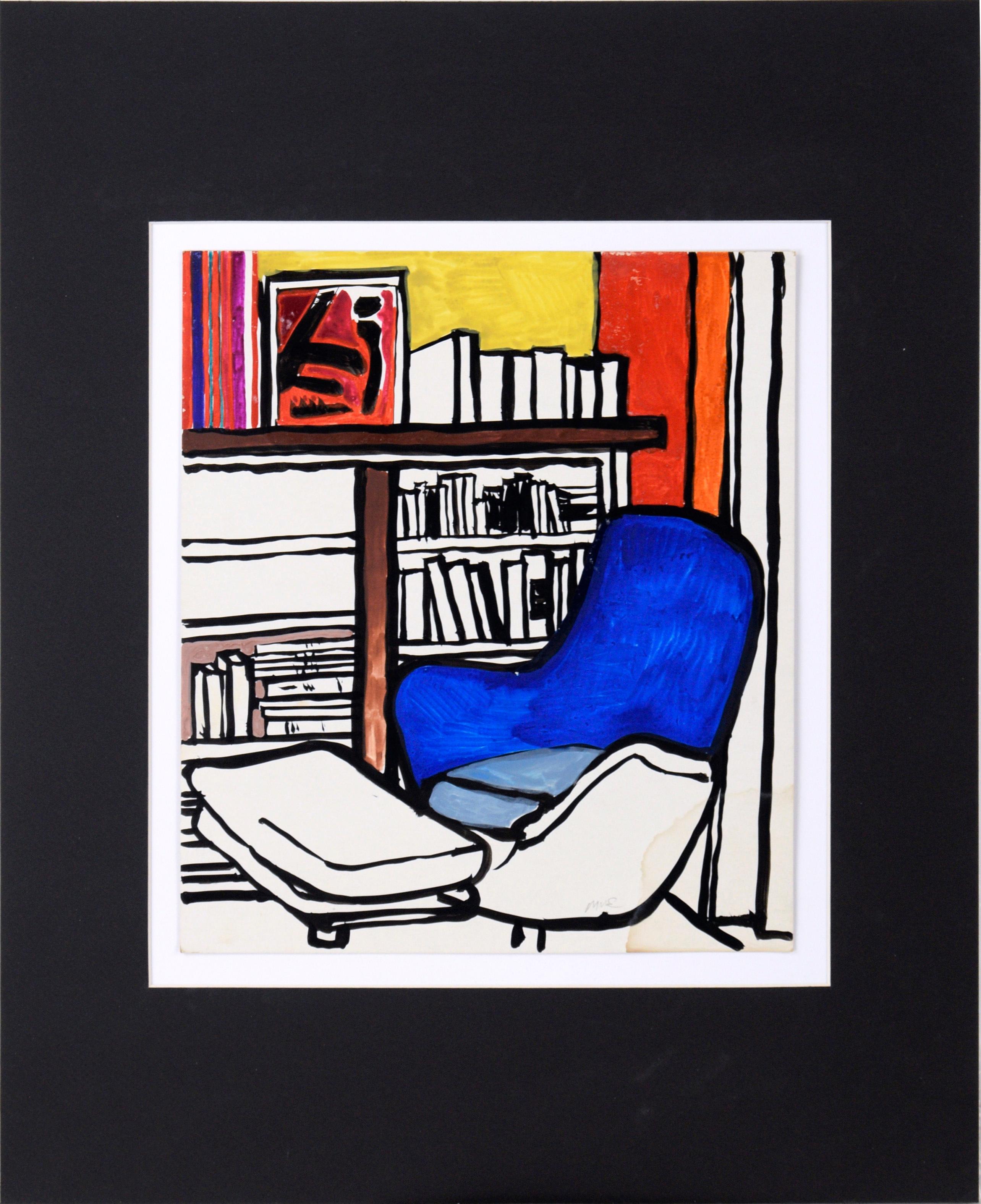 Studie – Inneneinrichtung mit blauem Stuhl in Tinte auf Papier