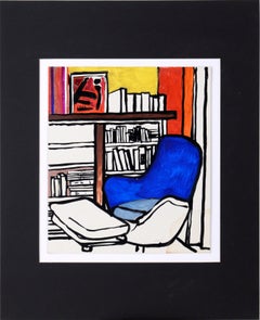 The Study - Interior with Blue Chair in Ink on Paper