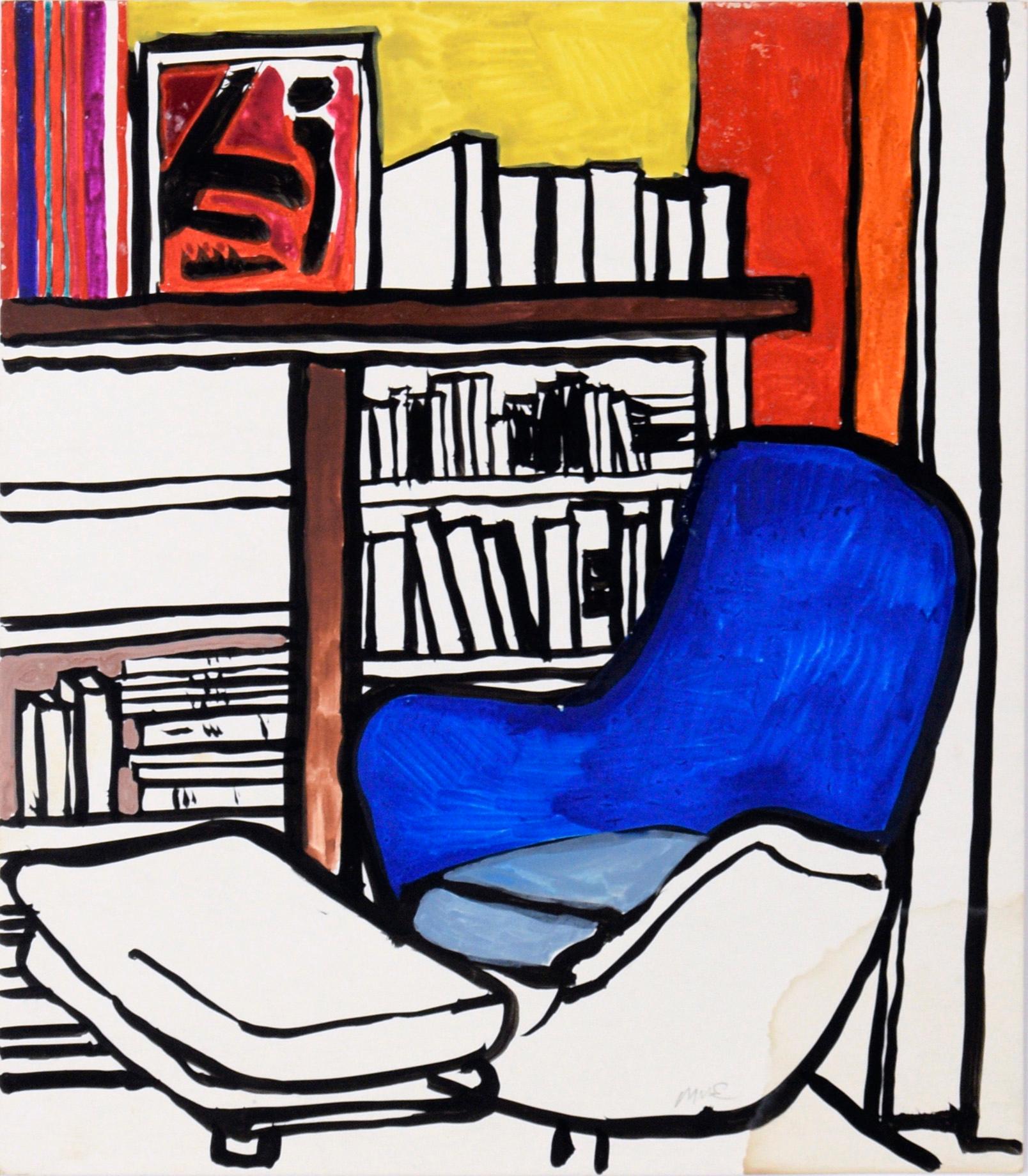 The Study - Interior with Blue Chair in Ink on Paper - Art by Michael William Eggleston