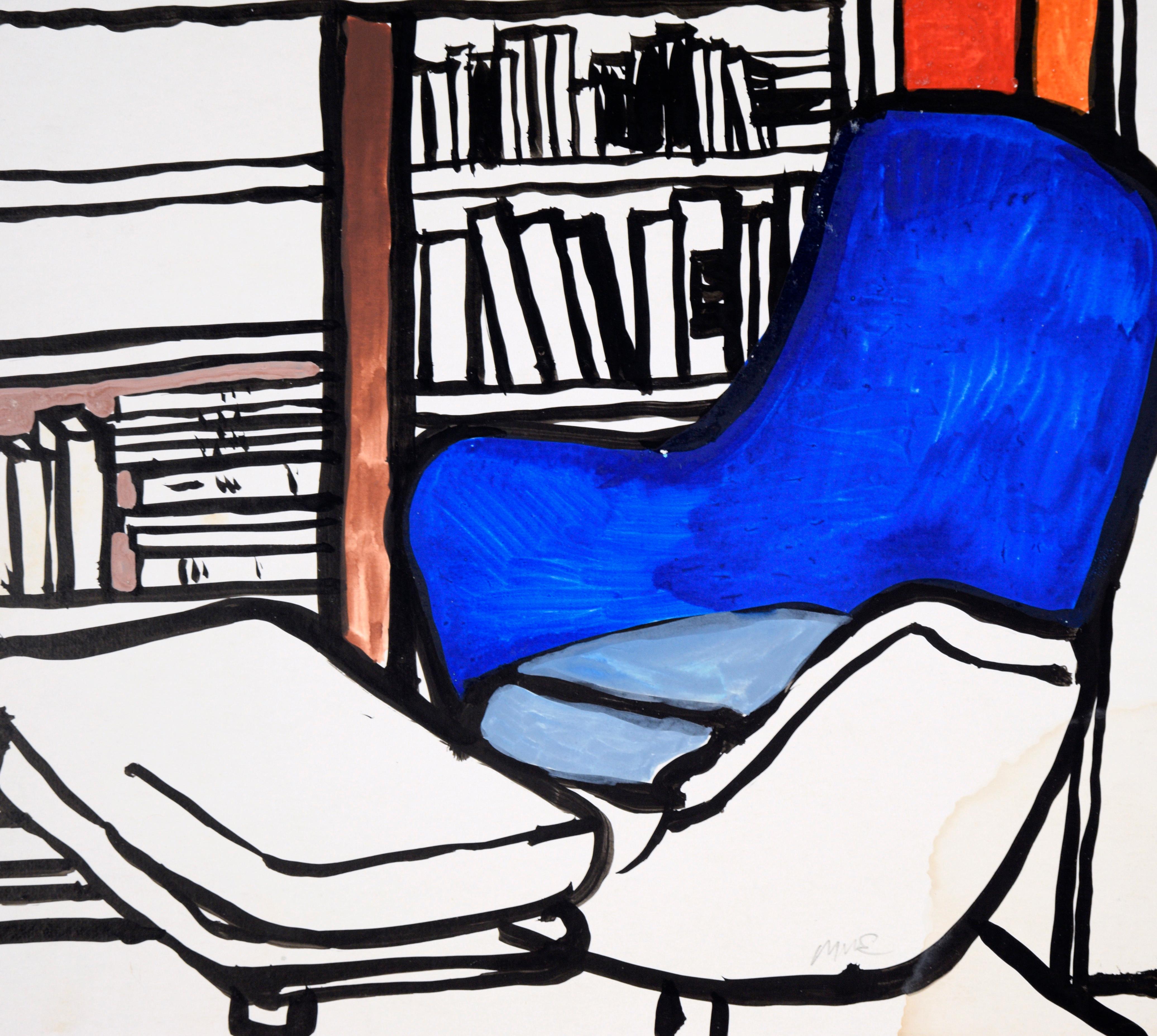 The Study - Interior with Blue Chair in Ink on Paper 3