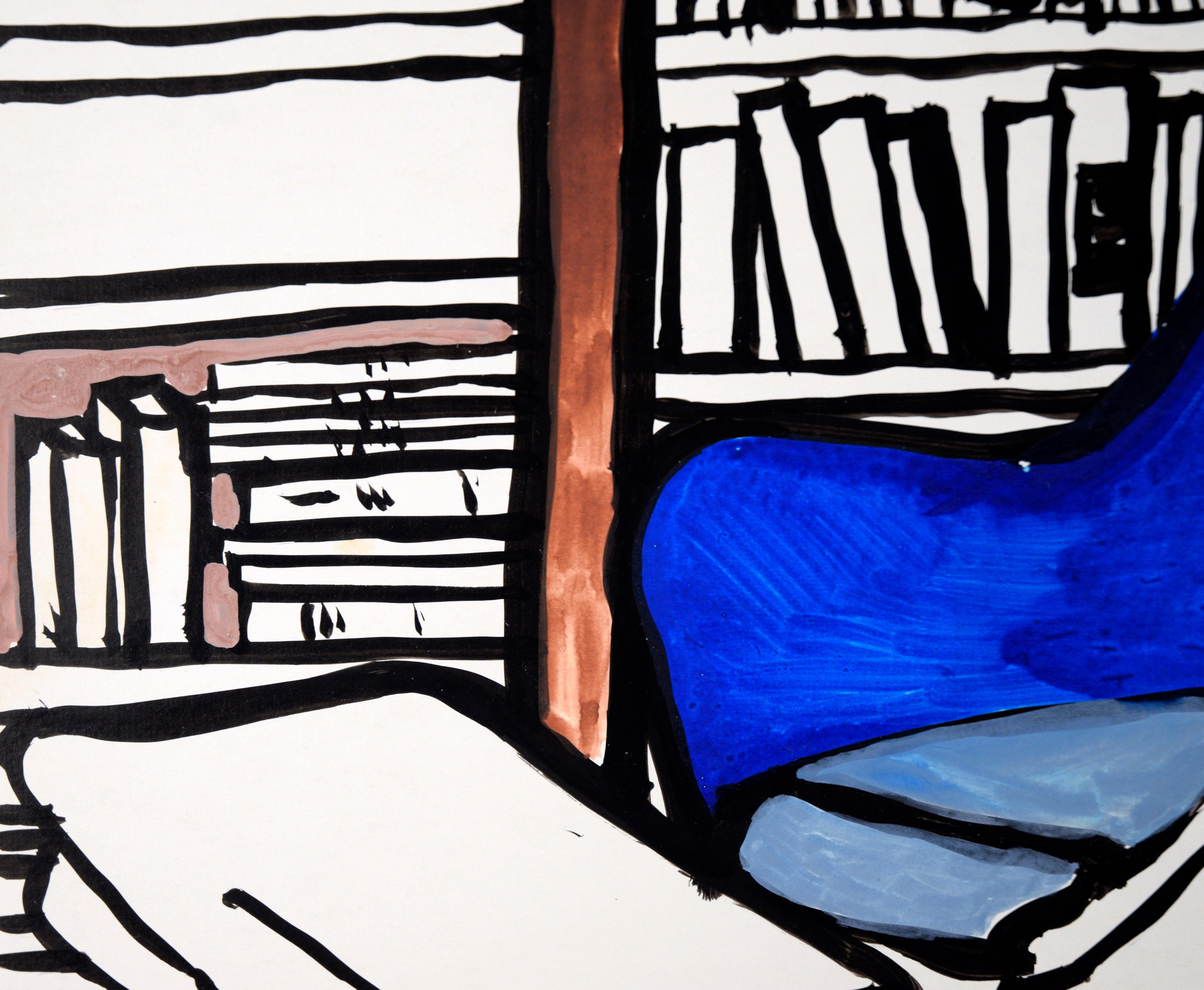 The Study - Interior with Blue Chair in Ink on Paper 2