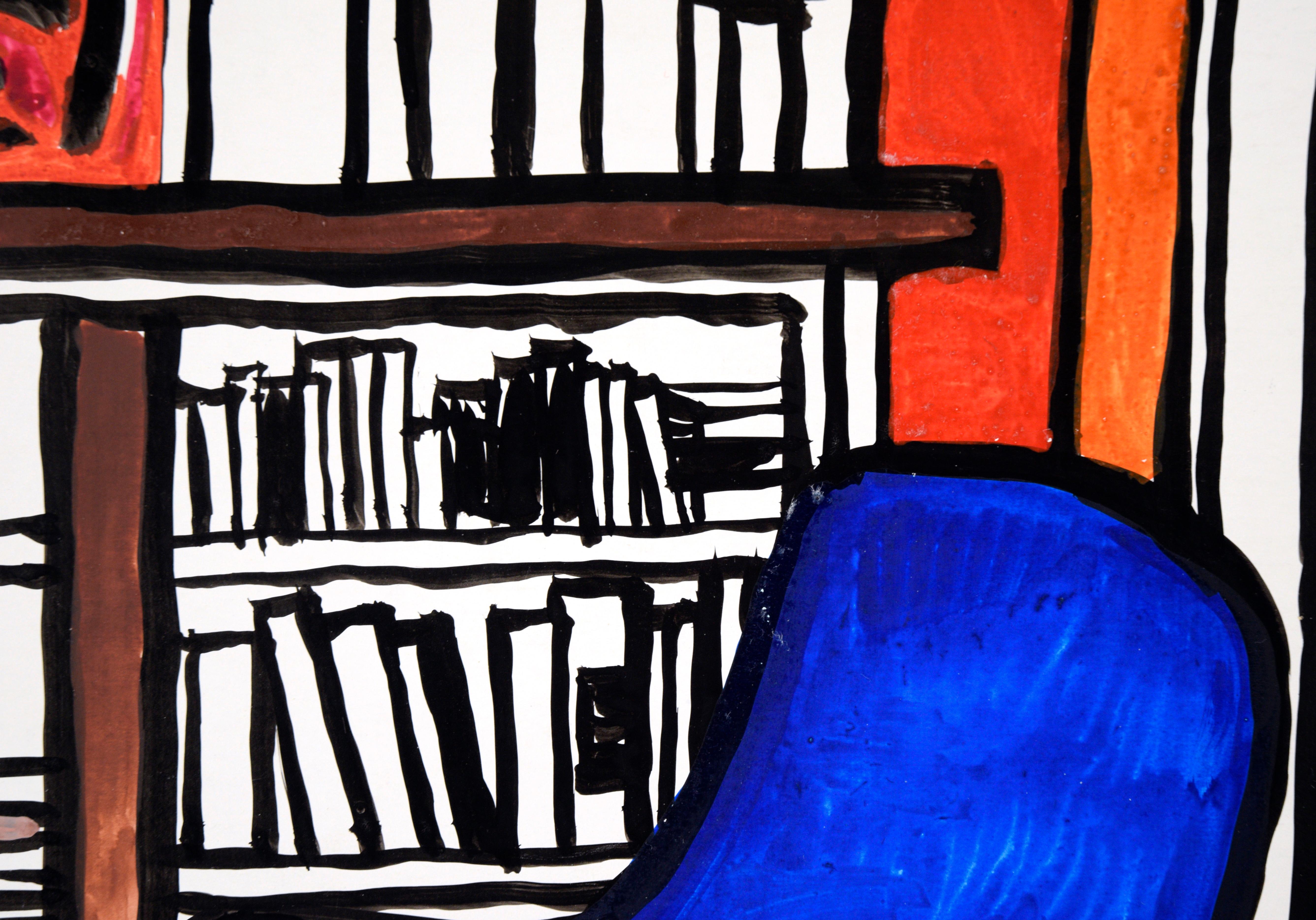 The Study - Interior with Blue Chair in Ink on Paper 1