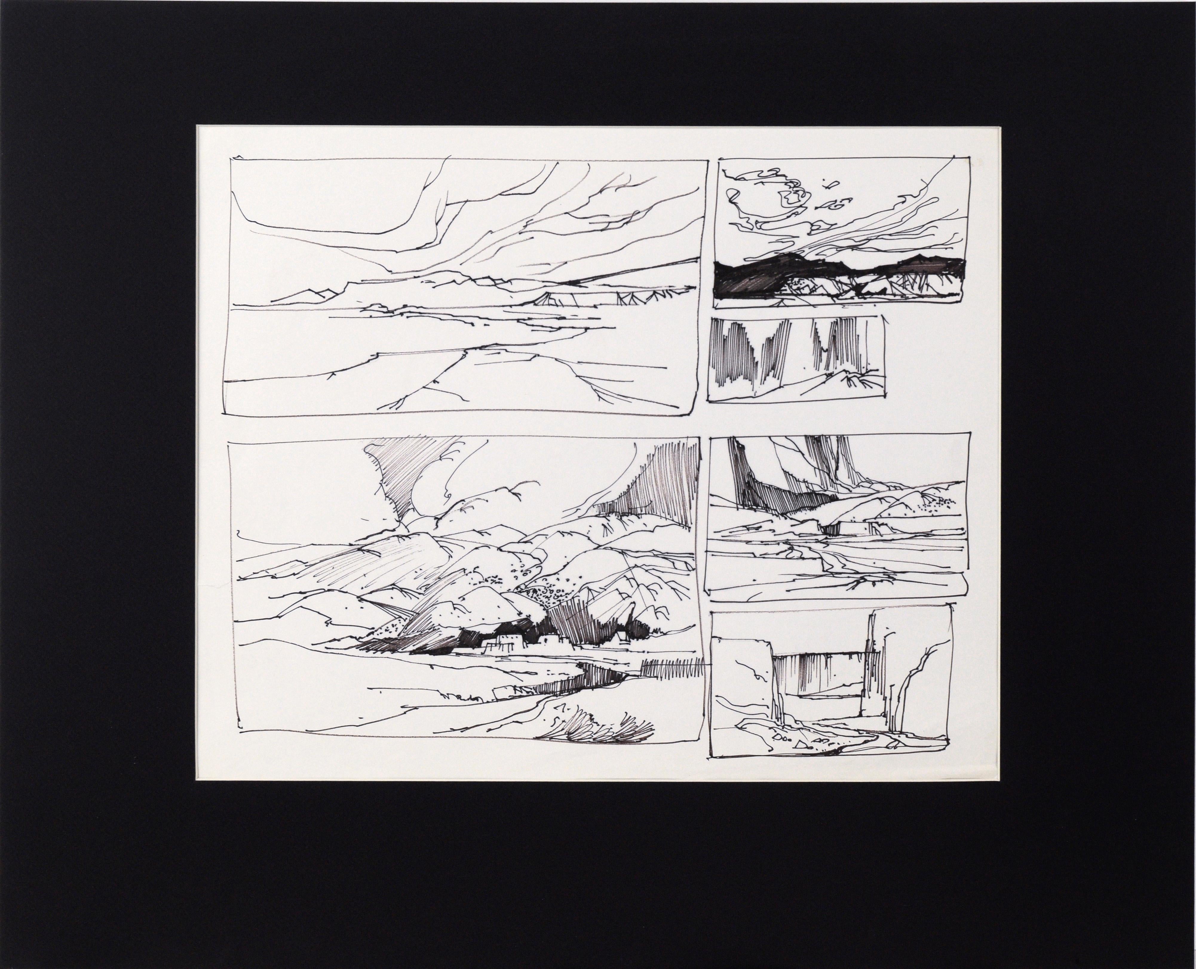 Six Panel Thumbnail Sketches of Desert and Canyon Landscapes in Ink on Paper