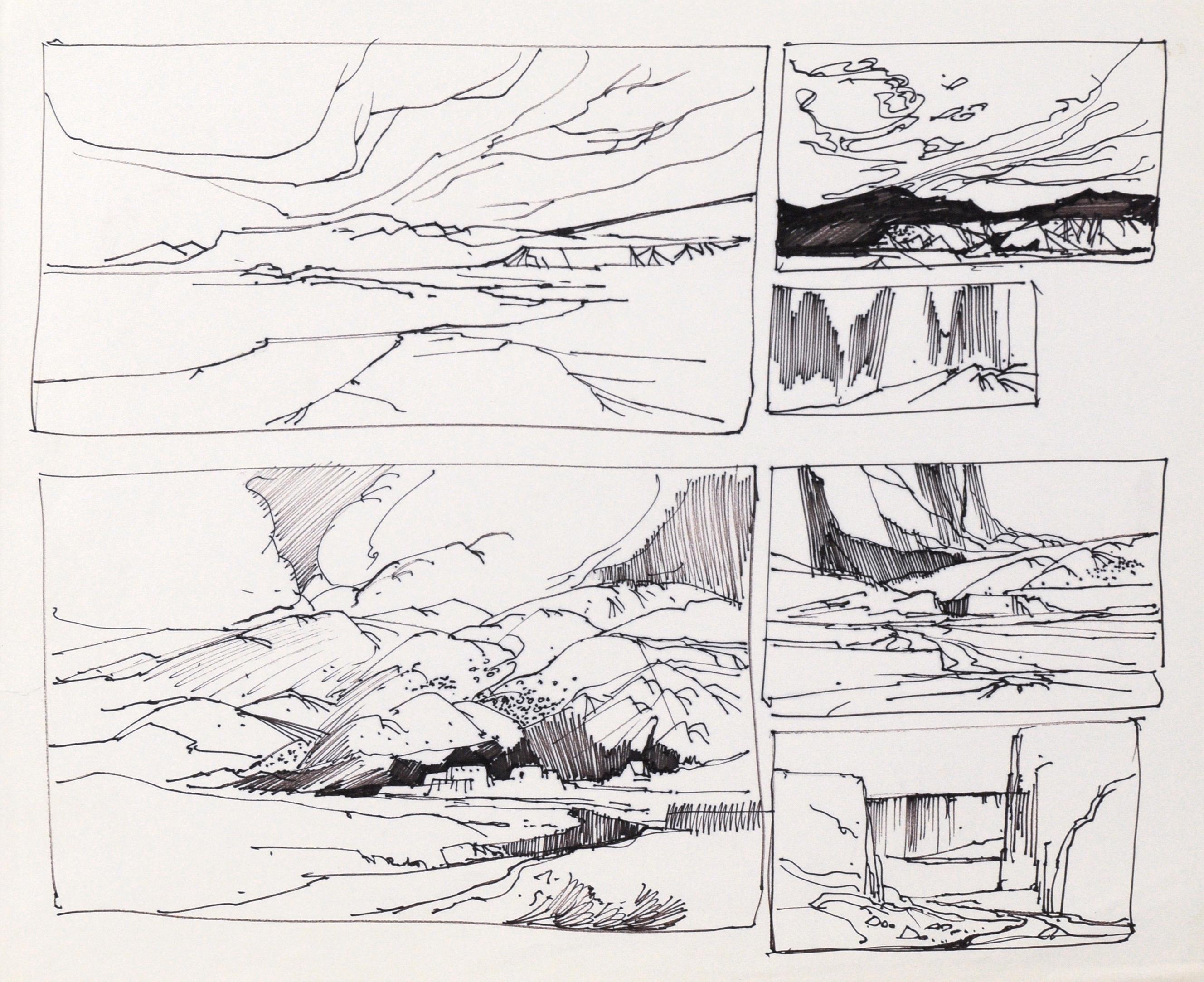 Six Panel Thumbnail Sketches of Desert and Canyon Landscapes in Ink on Paper - Art by Laurence Sisson