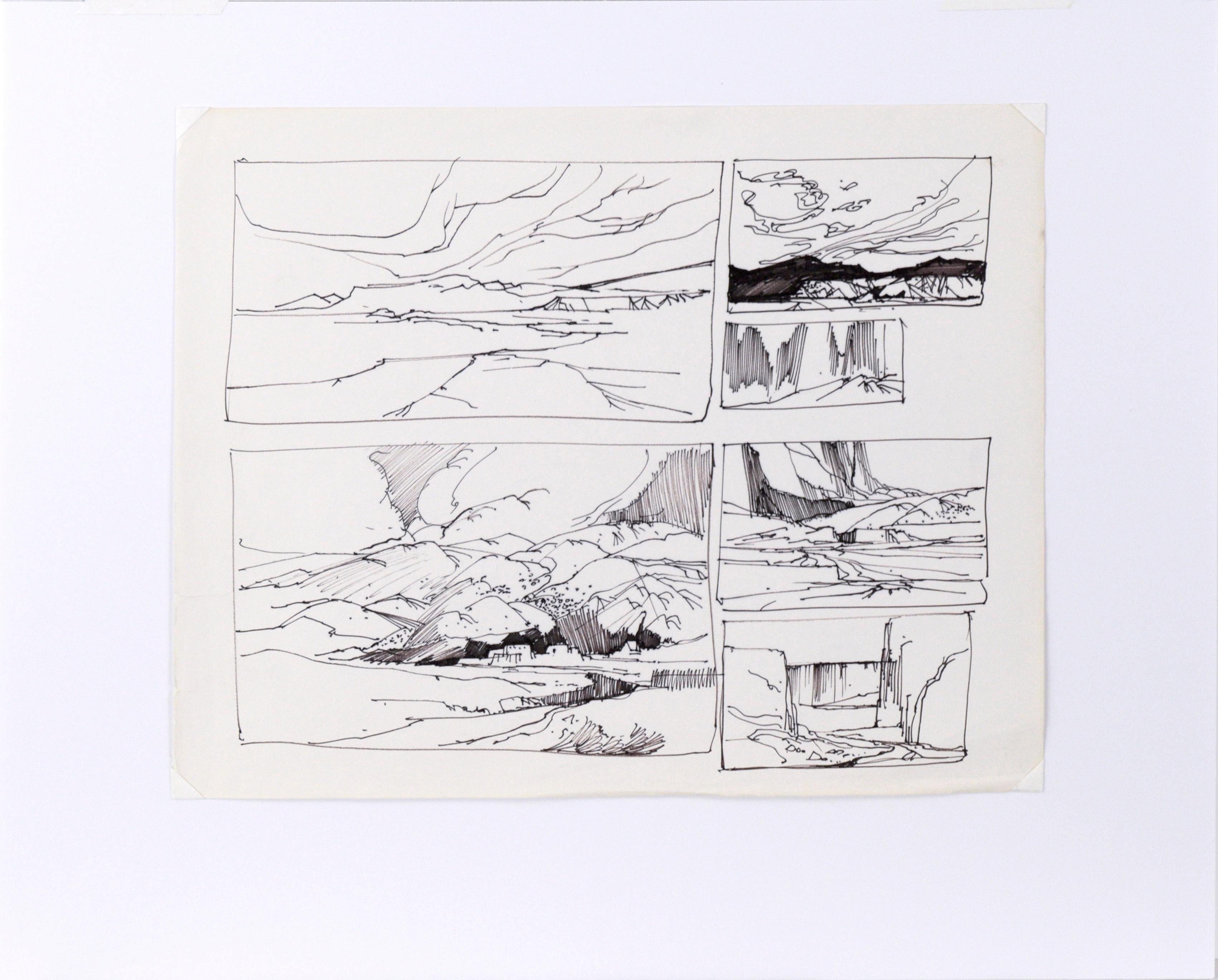 Six Panel Thumbnail Sketches of Desert and Canyon Landscapes in Ink on Paper For Sale 1