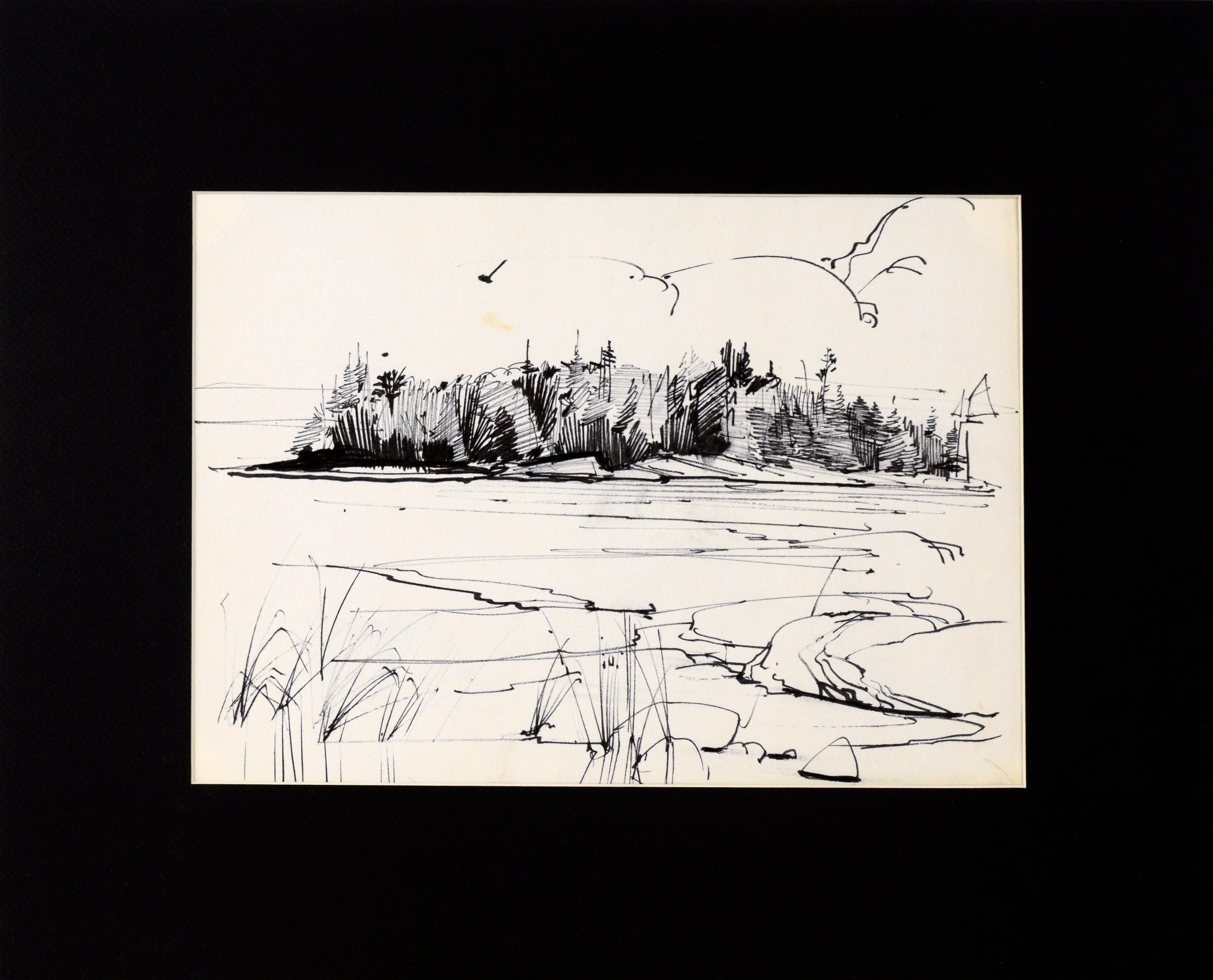 Laurence Sisson Landscape Art - Island Forest - Line Drawing Landscape in Ink on Paper