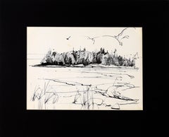 Retro Island Forest - Line Drawing Landscape in Ink on Paper