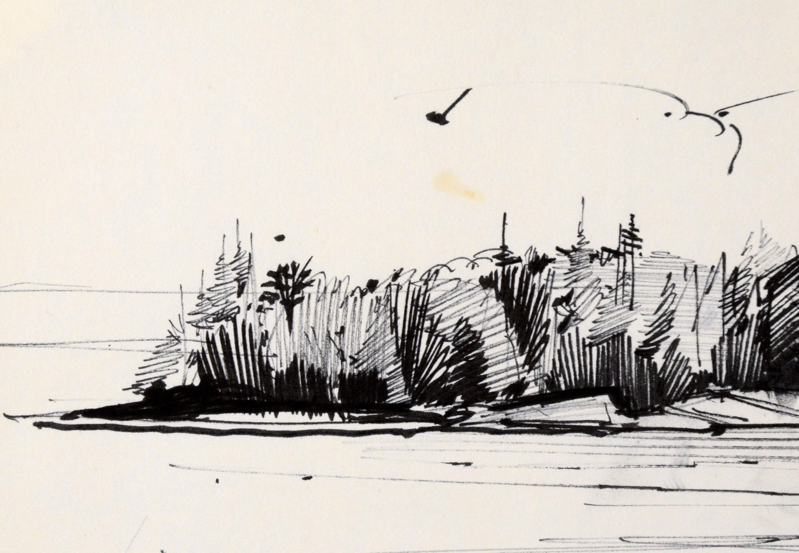 Inselwald - Strichzeichnung Landschaft in Tusche auf Papier – Art von Laurence Sisson