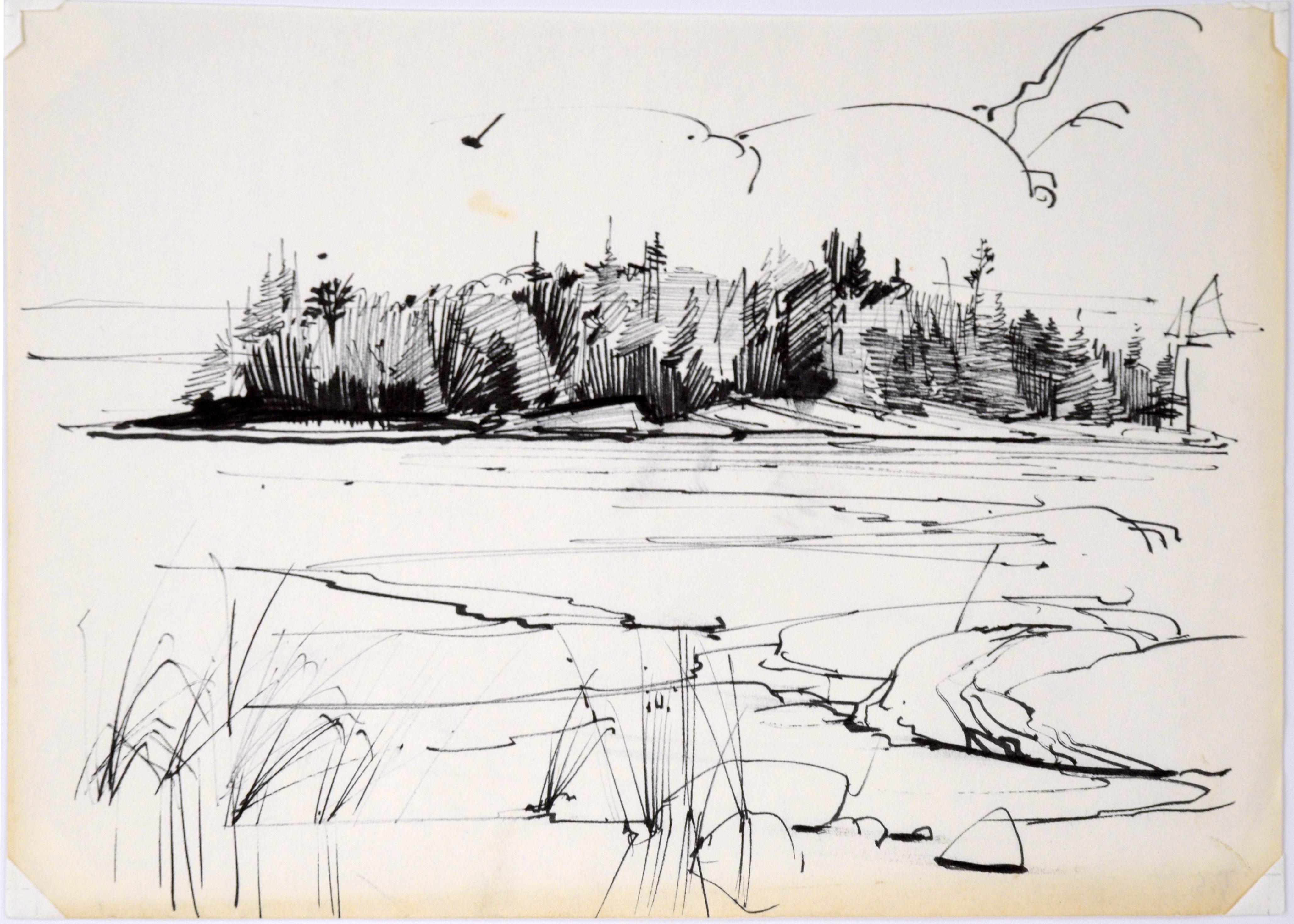 Island Forest - Line Drawing Landscape in Ink on Paper - American Impressionist Art by Laurence Sisson