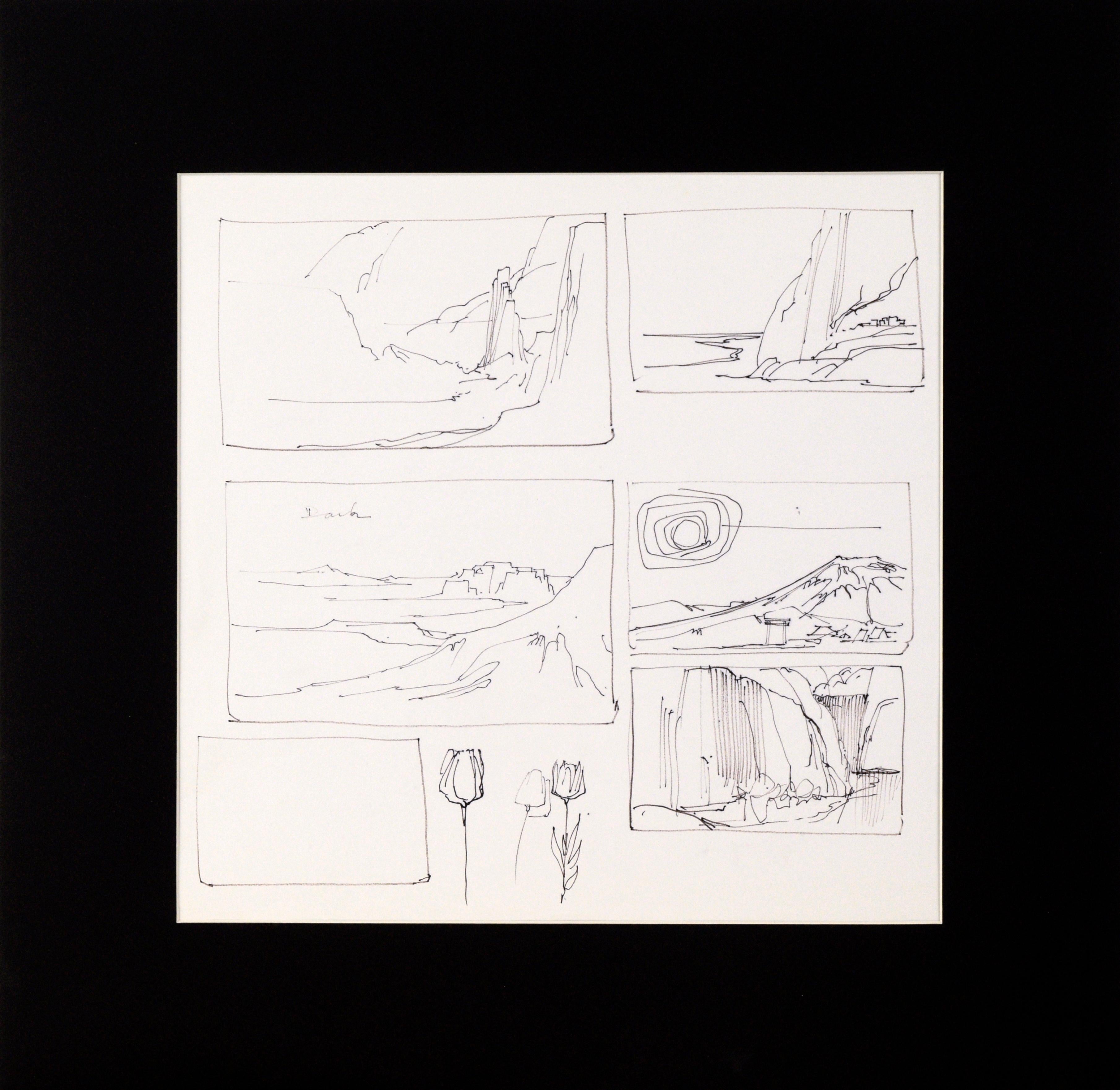 Five-Panel Thumbnail Sketches of Desert and Canyon Landscapes in Ink on Paper