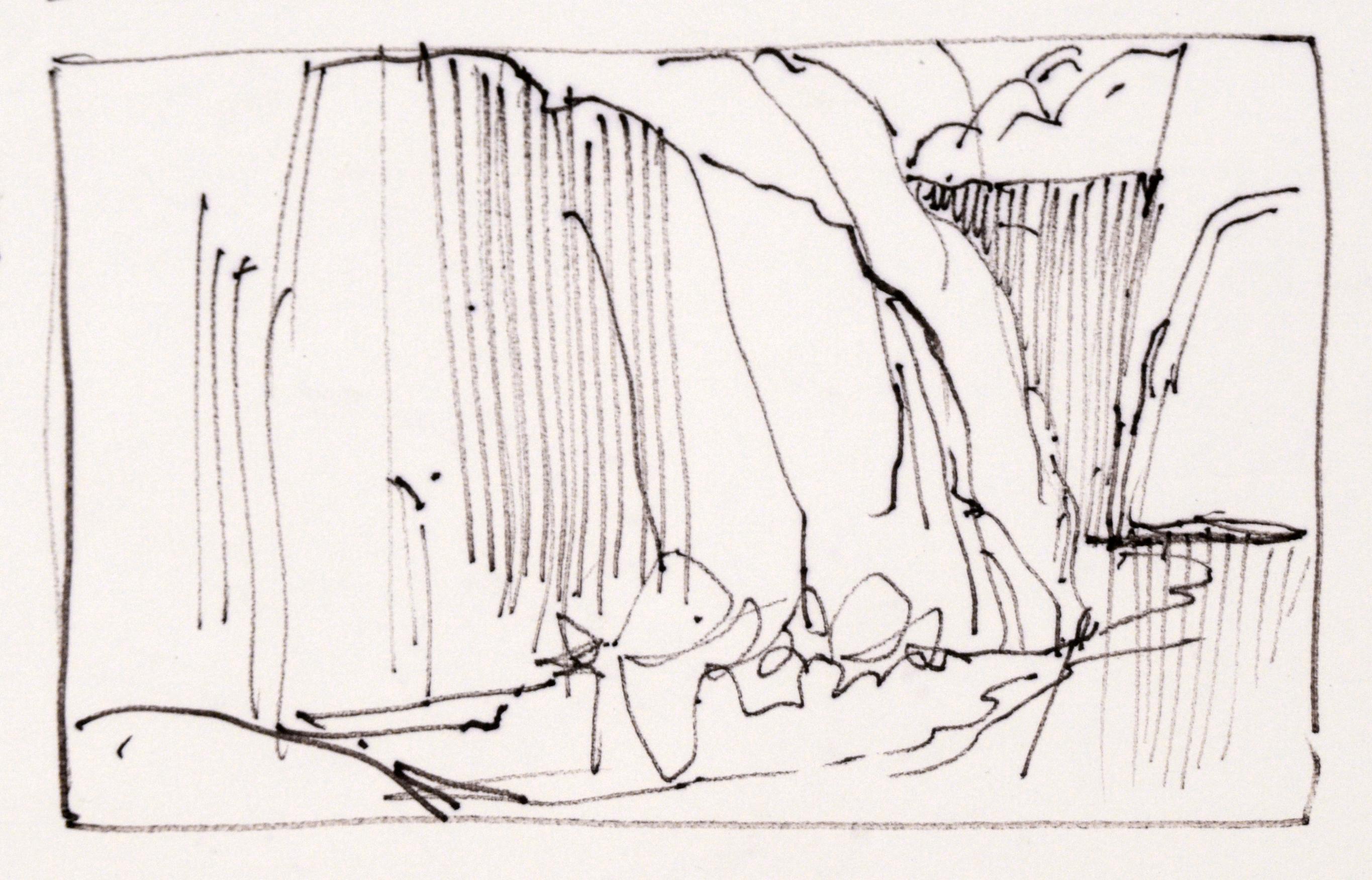 Five-Panel Thumbnail Sketches of Desert and Canyon Landscapes in Ink on Paper For Sale 1