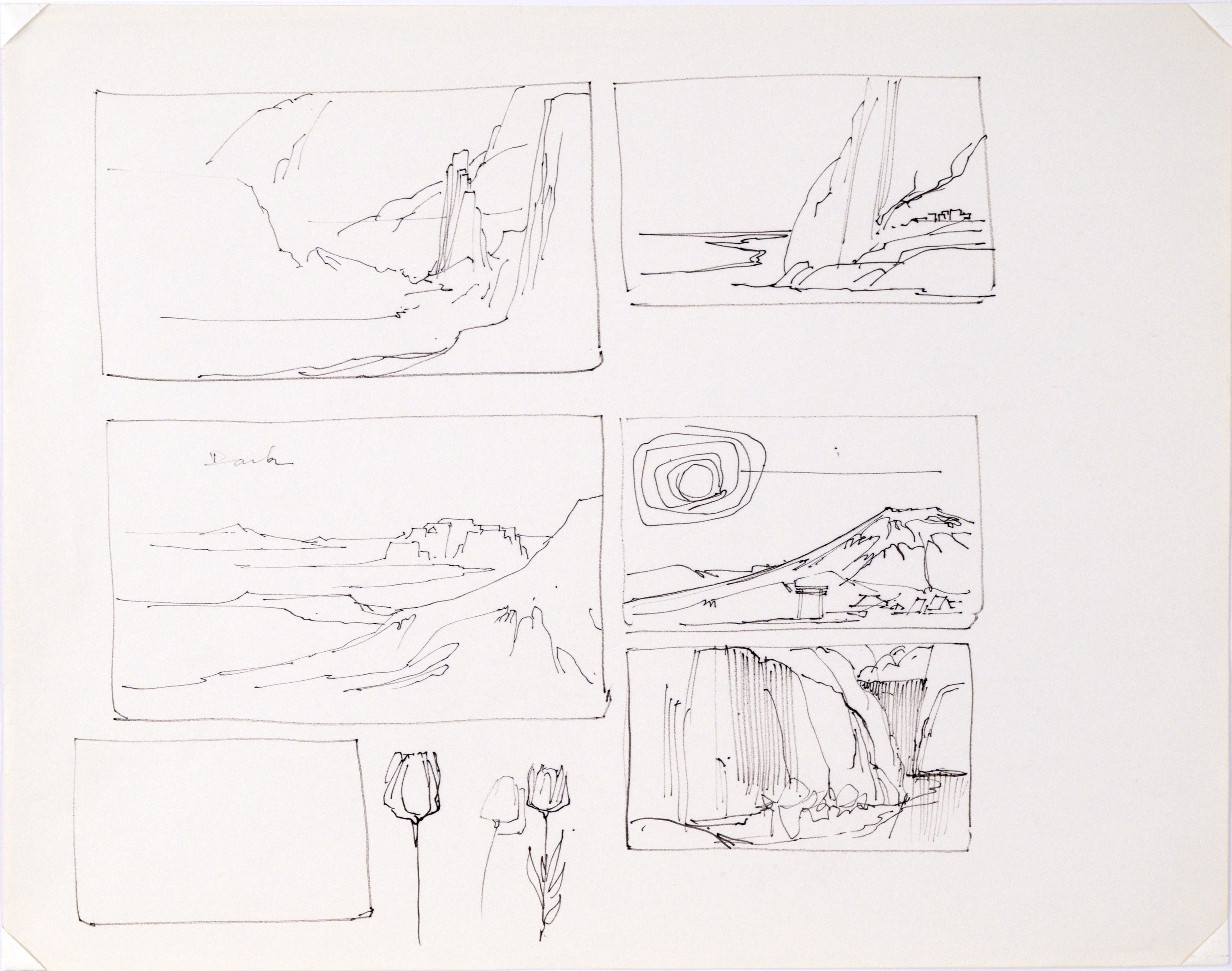 Five-Panel Thumbnail Sketches of Desert and Canyon Landscapes in Ink on Paper For Sale 3