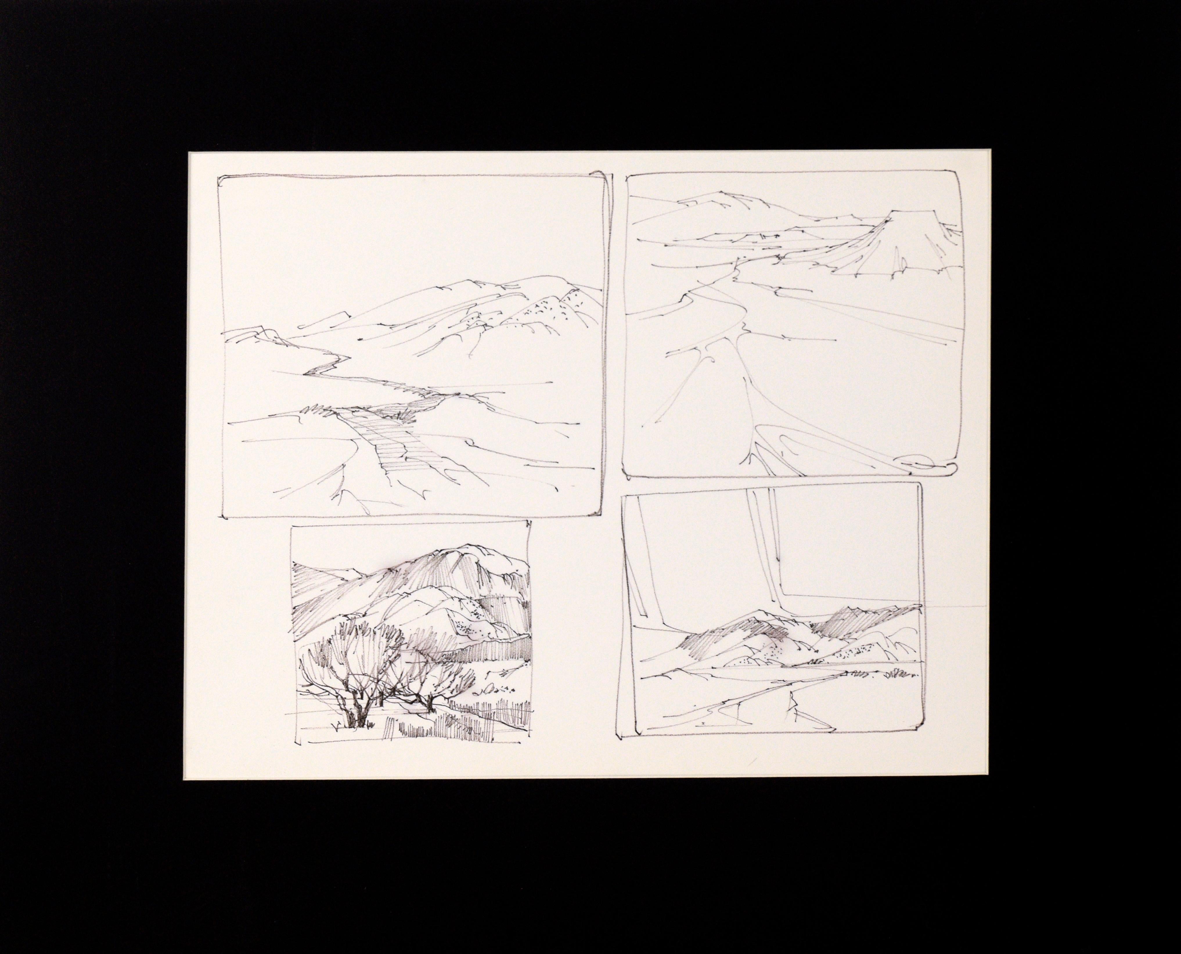 Laurence Sisson Landscape Art - Four-Panel Thumbnail Sketches of Desert and Canyon Landscapes in Ink on Paper