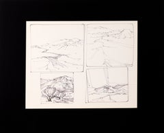 Four-Panel Thumbnail Sketches of Desert and Canyon Landscapes in Ink on Paper