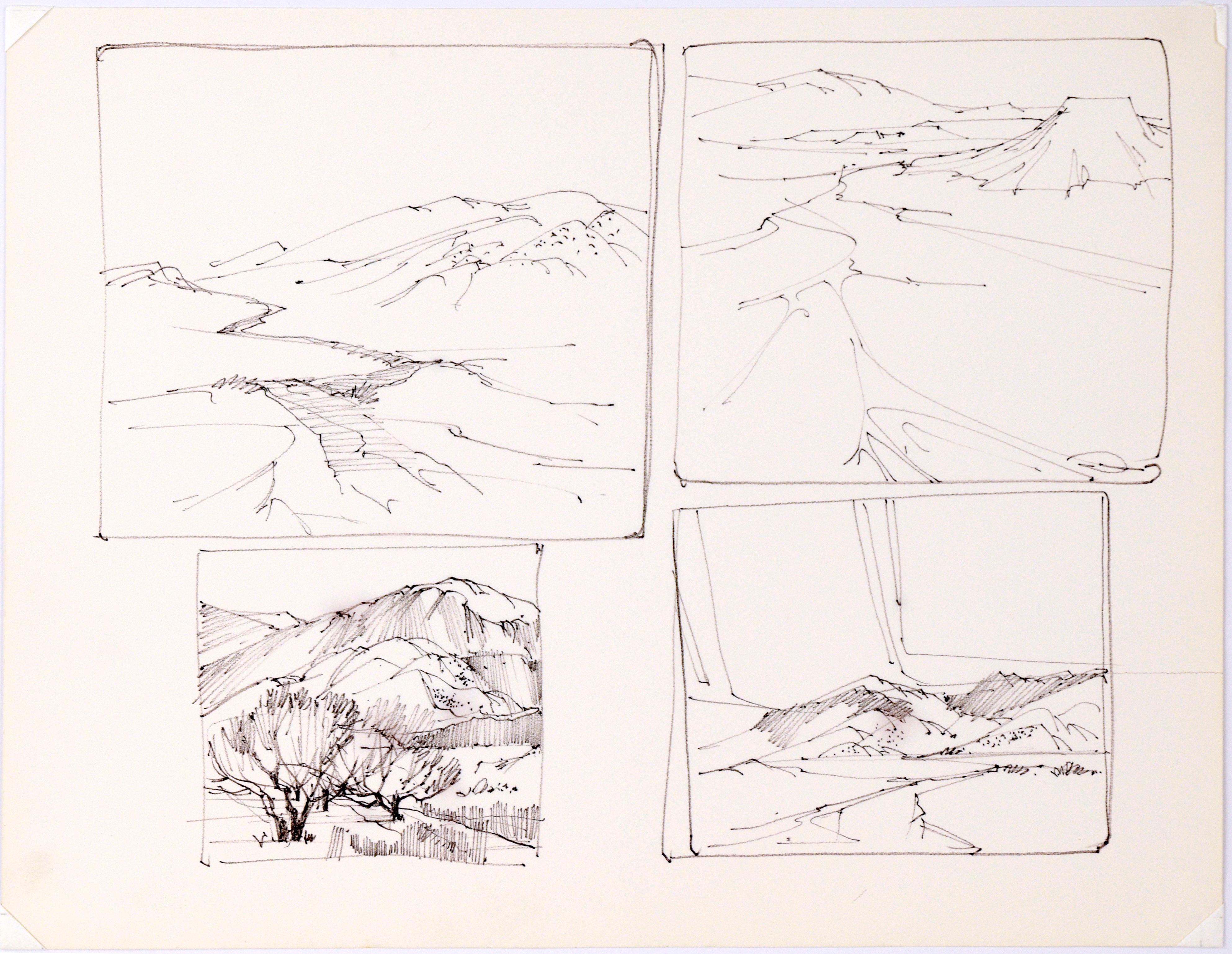 Four-Panel Thumbnail Sketches of Desert and Canyon Landscapes in Ink on Paper - Beige Landscape Art by Laurence Sisson