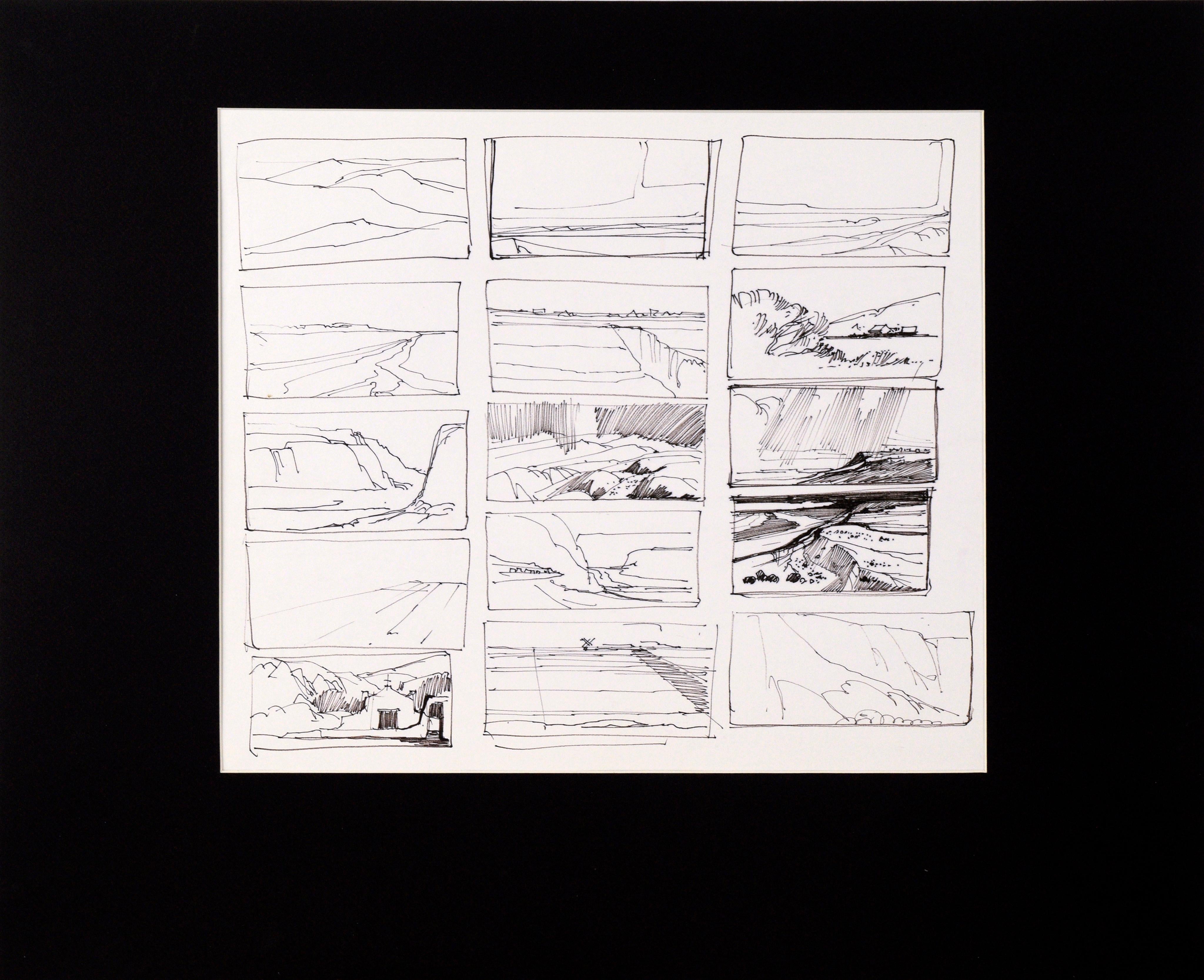 Laurence Sisson Landscape Art - Fifteen-Panel Thumbnail Sketches of Desert and Canyon Landscapes in Ink on Paper