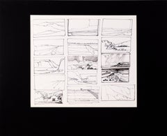 Fifteen-Panel Thumbnail Sketches of Desert and Canyon Landscapes in Ink on Paper