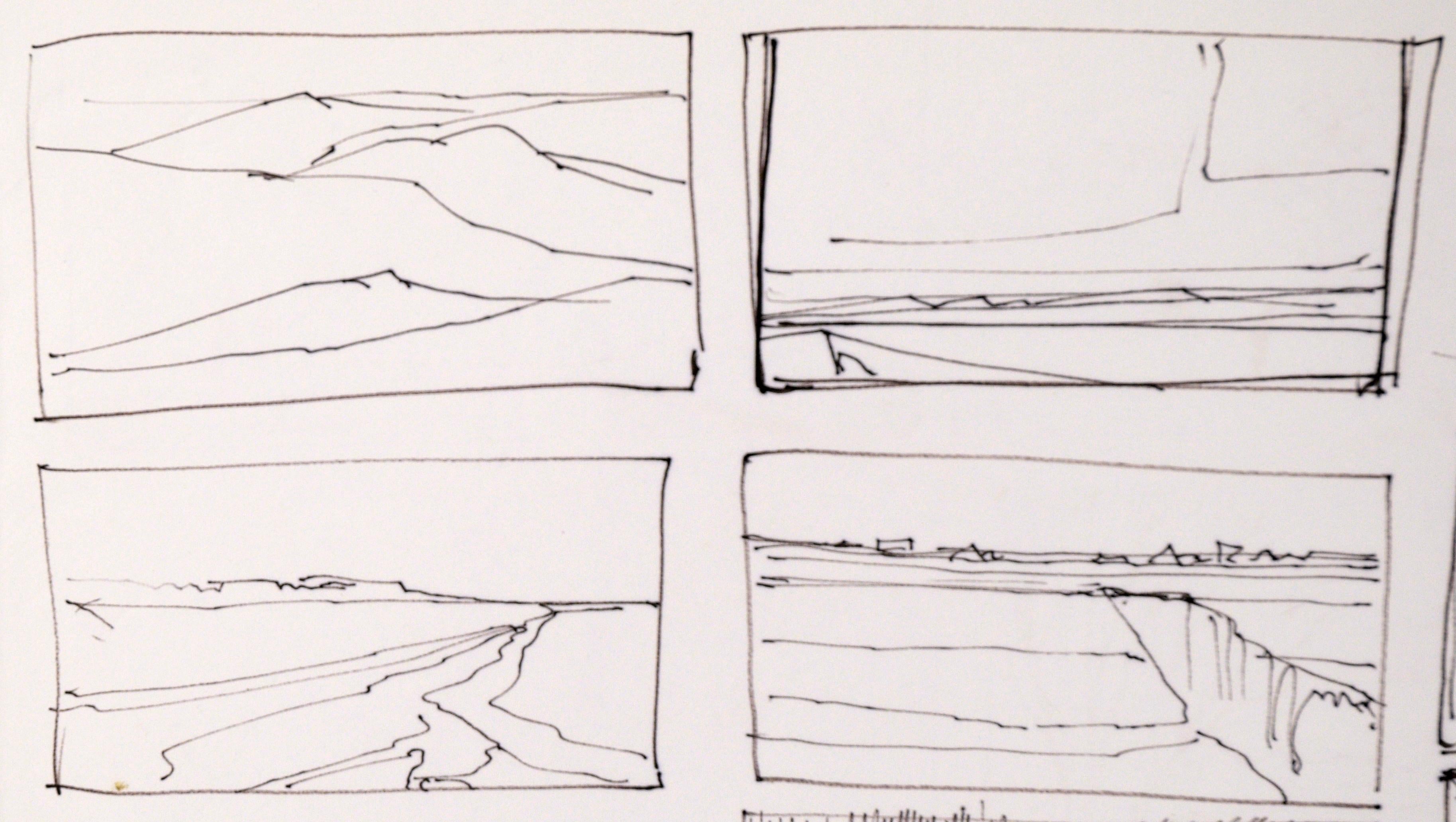 Fifteen-Panel Thumbnail Sketches of Desert and Canyon Landscapes in Ink on Paper - Art by Laurence Sisson