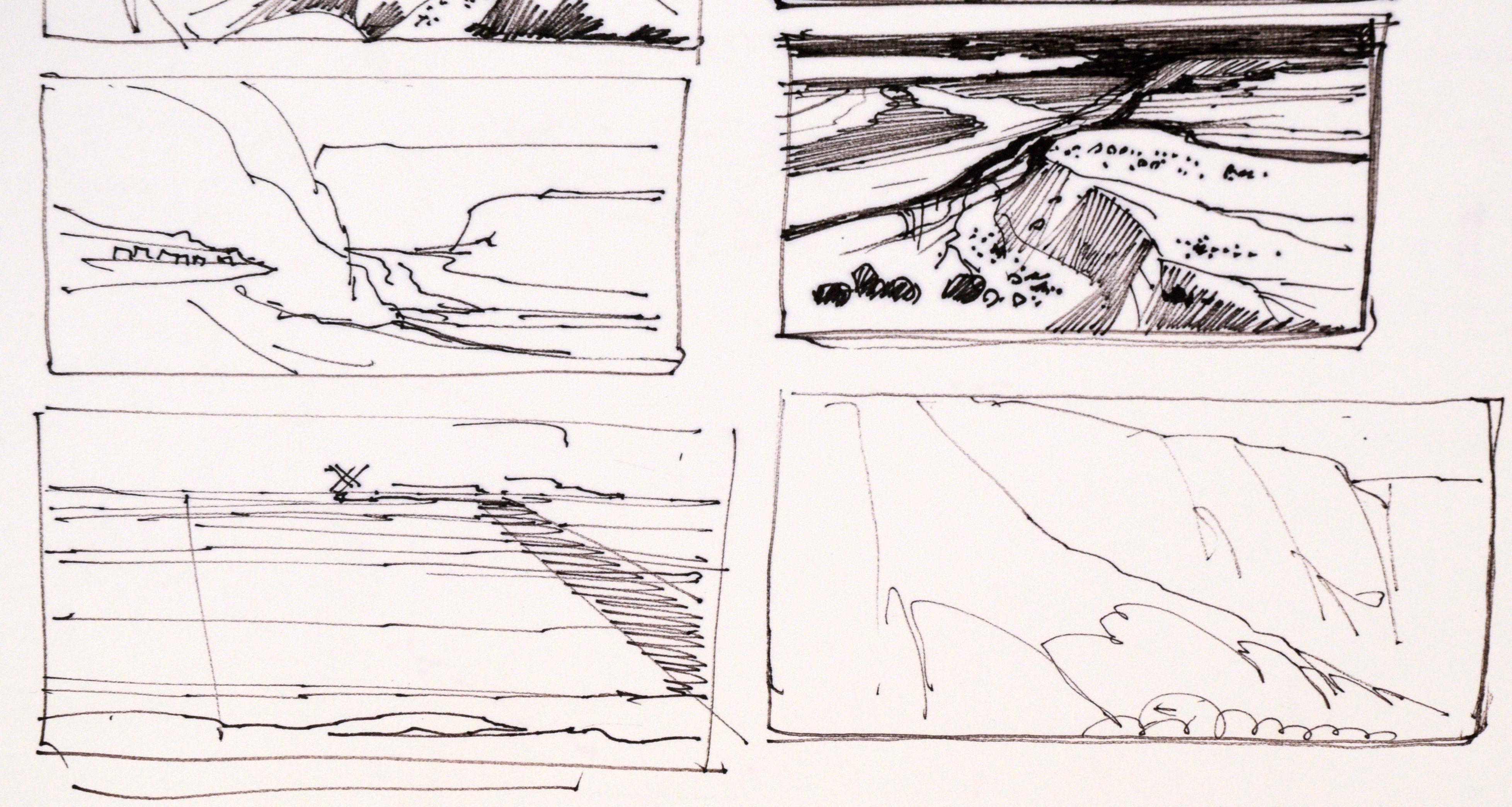 Fifteen-Panel Thumbnail Sketches of Desert and Canyon Landscapes in Ink on Paper

Collection of landscape line drawings by listed Maine artist Laurence Sisson (American, 1928-2015). Fifteen panels of preparatory drawings for landscape paintings are