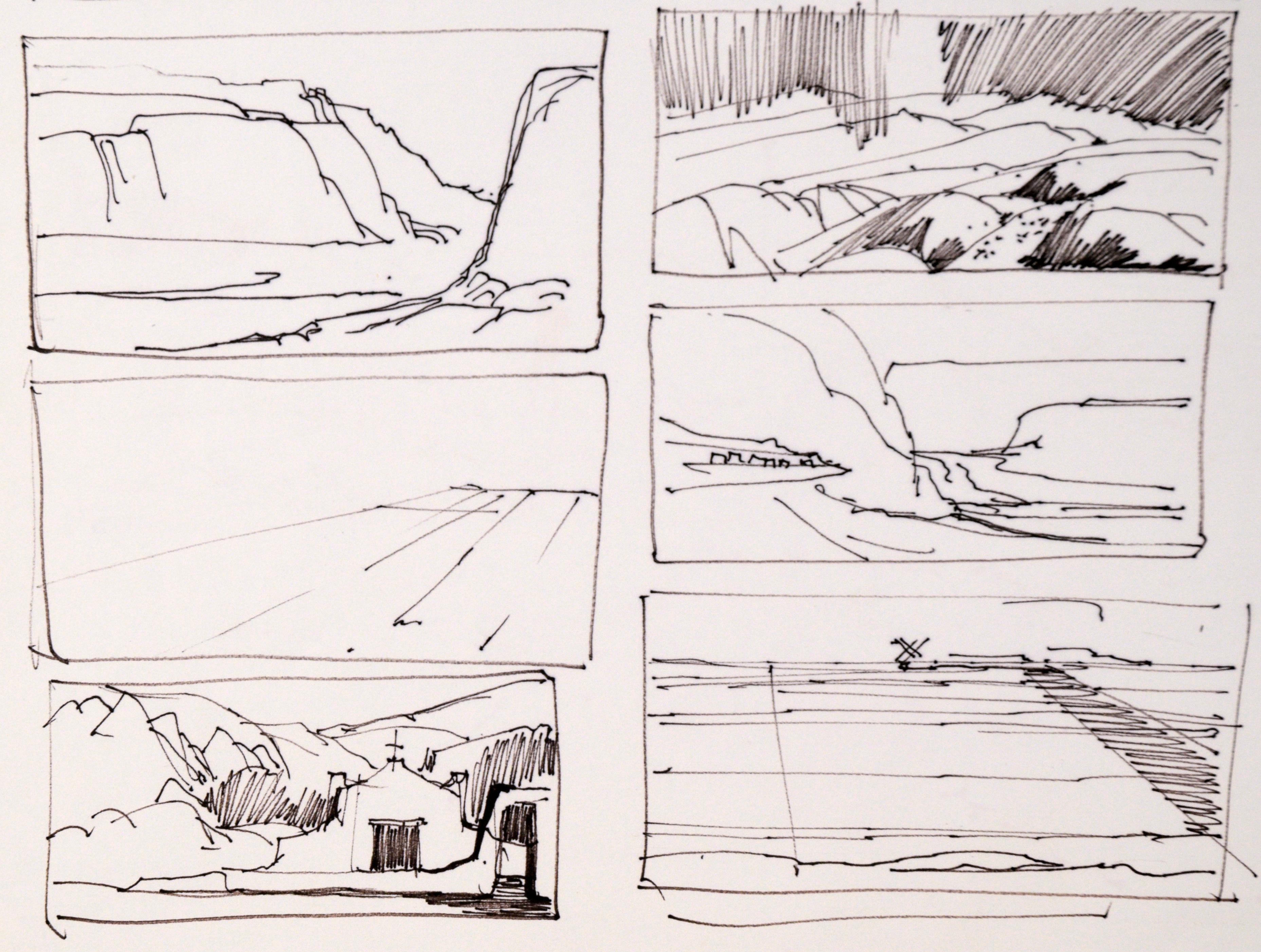 Fifteen-Panel Thumbnail Sketches of Desert and Canyon Landscapes in Ink on Paper - Gray Landscape Art by Laurence Sisson