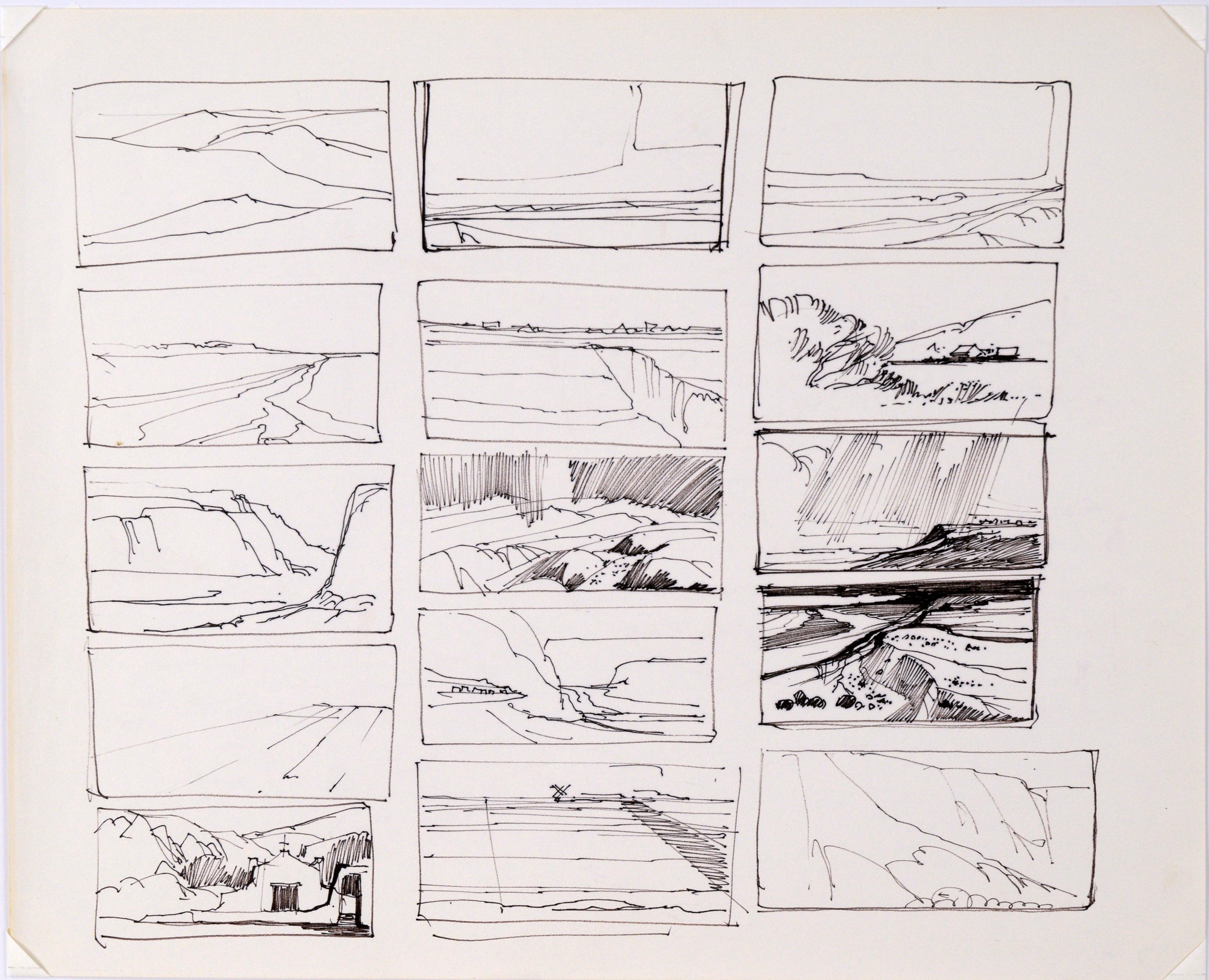 Fifteen-Panel Thumbnail Sketches of Desert and Canyon Landscapes in Ink on Paper For Sale 1