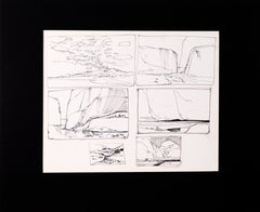Six-Panel Thumbnail Sketches of Desert and Canyon Landscapes in Ink on Paper