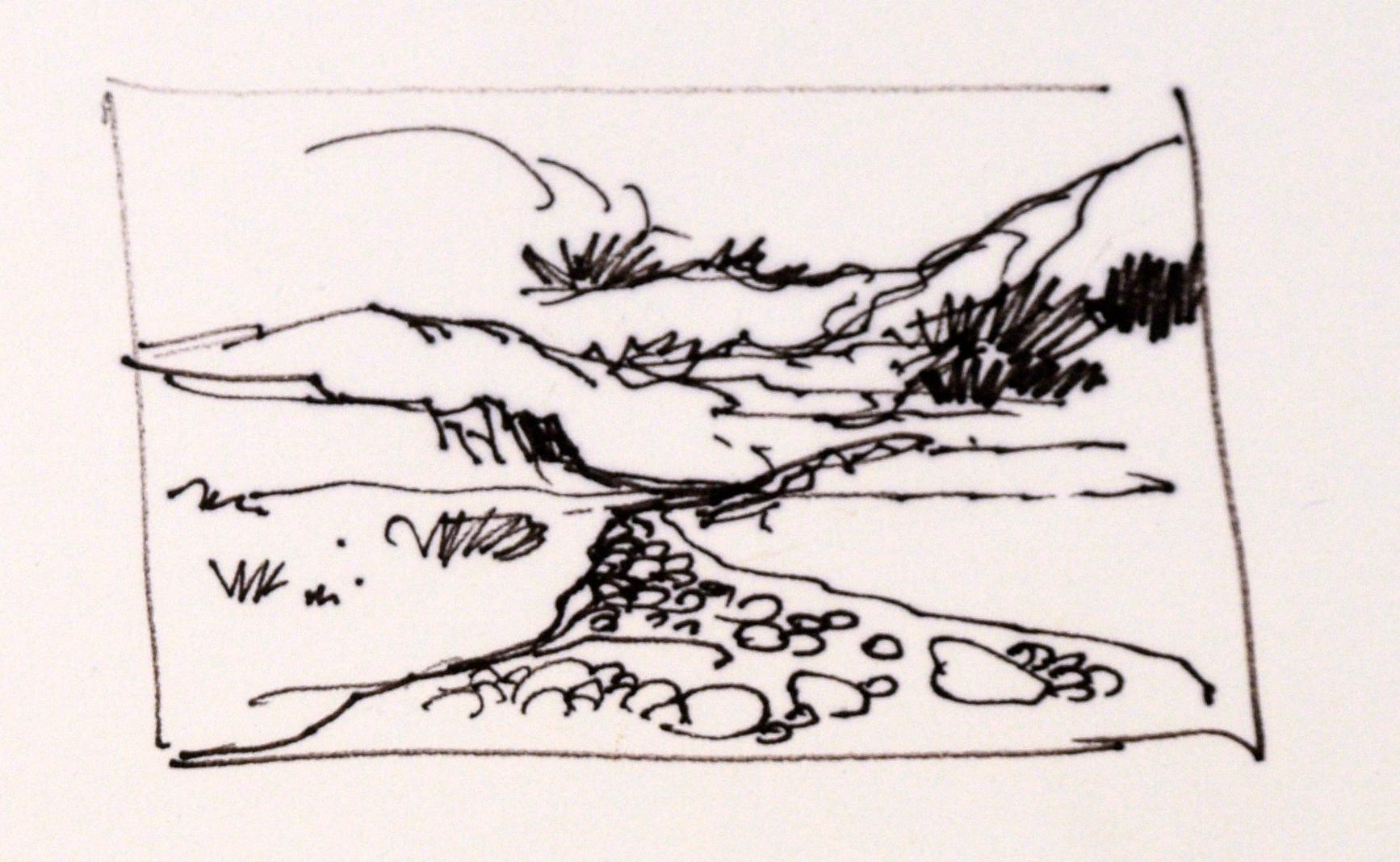 Six-Panel Thumbnail Sketches of Desert and Canyon Landscapes in Ink on Paper - Gray Landscape Art by Laurence Sisson