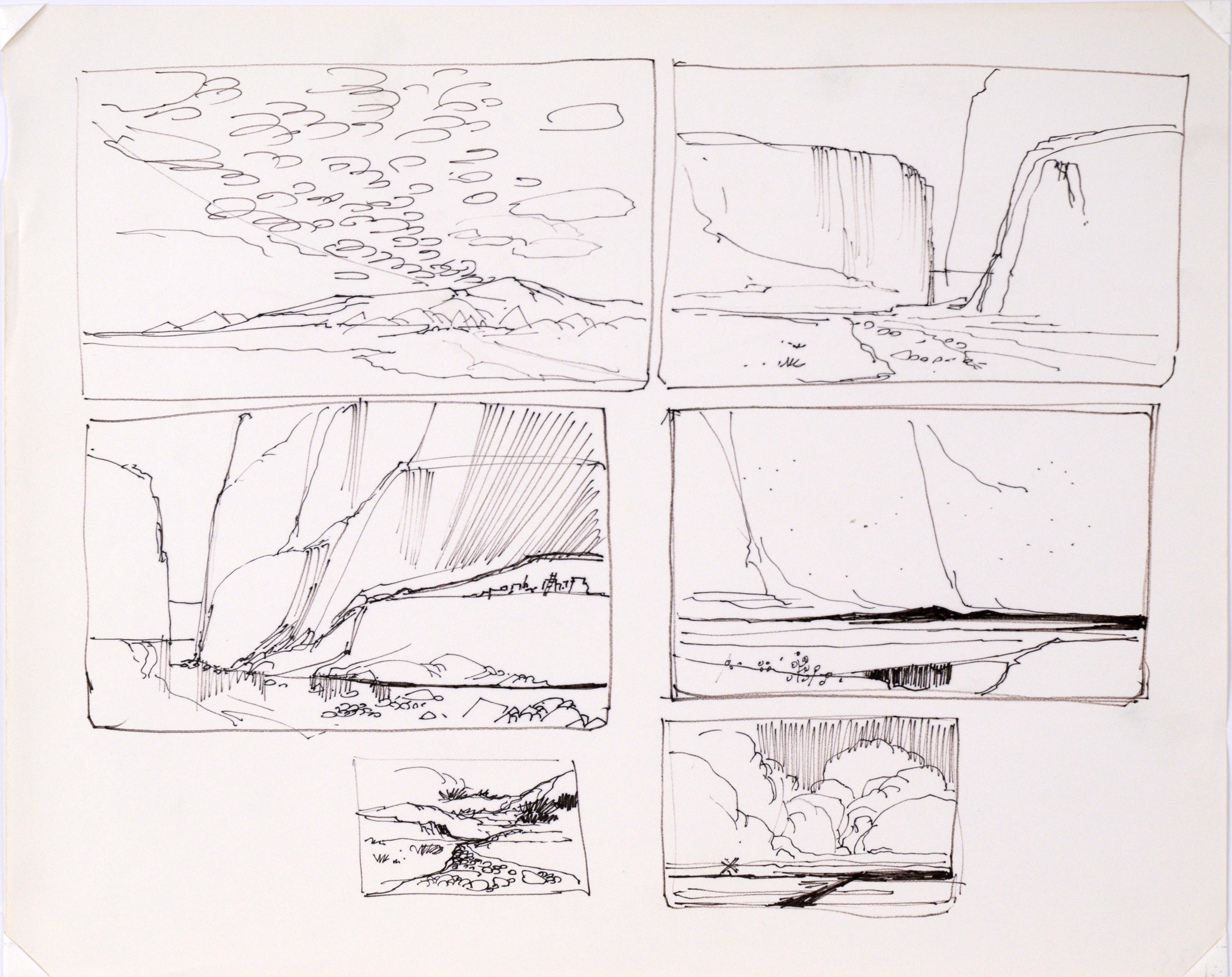 Six-Panel Thumbnail Sketches of Desert and Canyon Landscapes in Ink on Paper For Sale 1