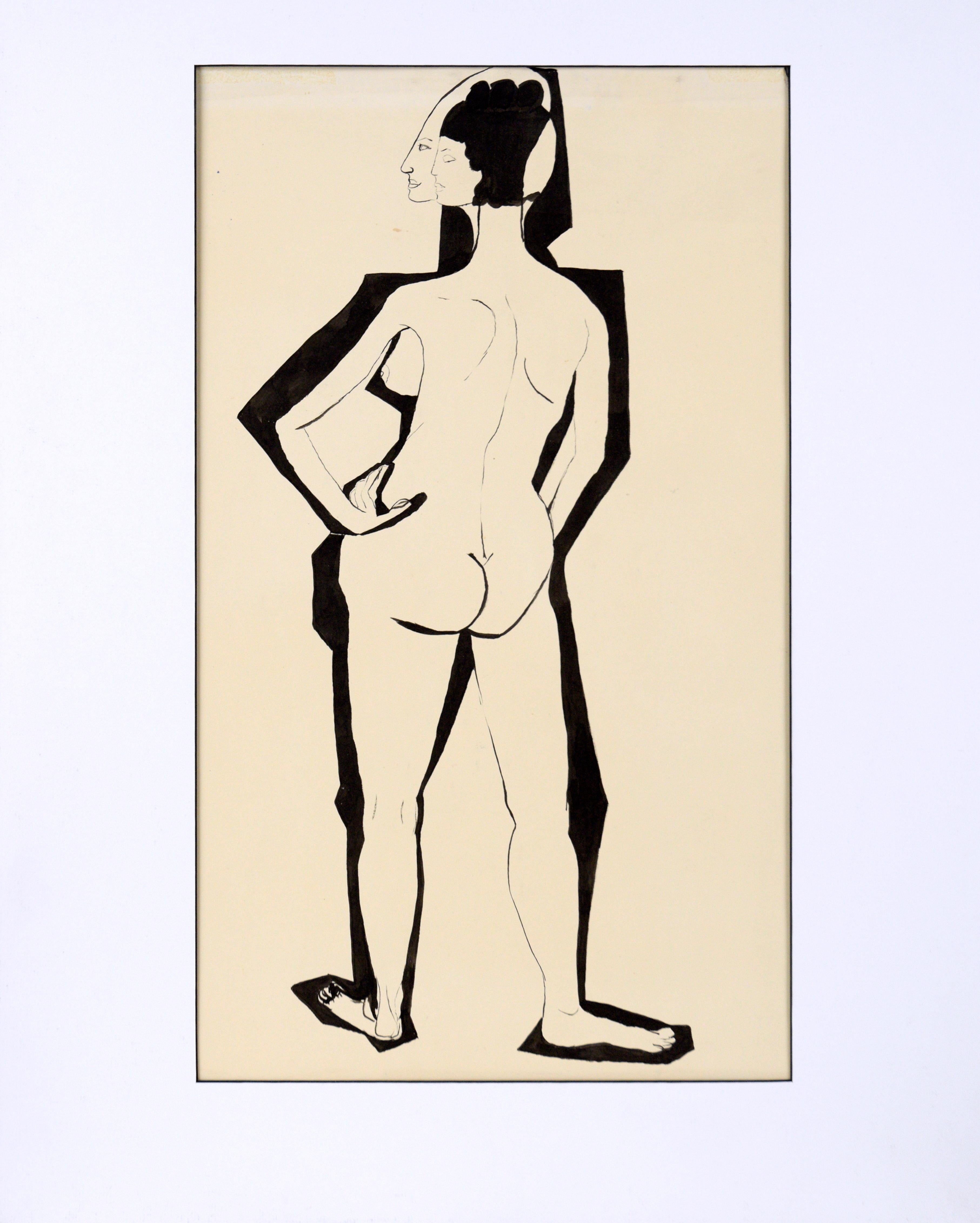 Modernist Abstract Nude Figurative Painting in India Ink on Paper