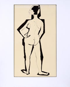 Vintage Modernist Abstract Nude Figurative Painting in India Ink on Paper