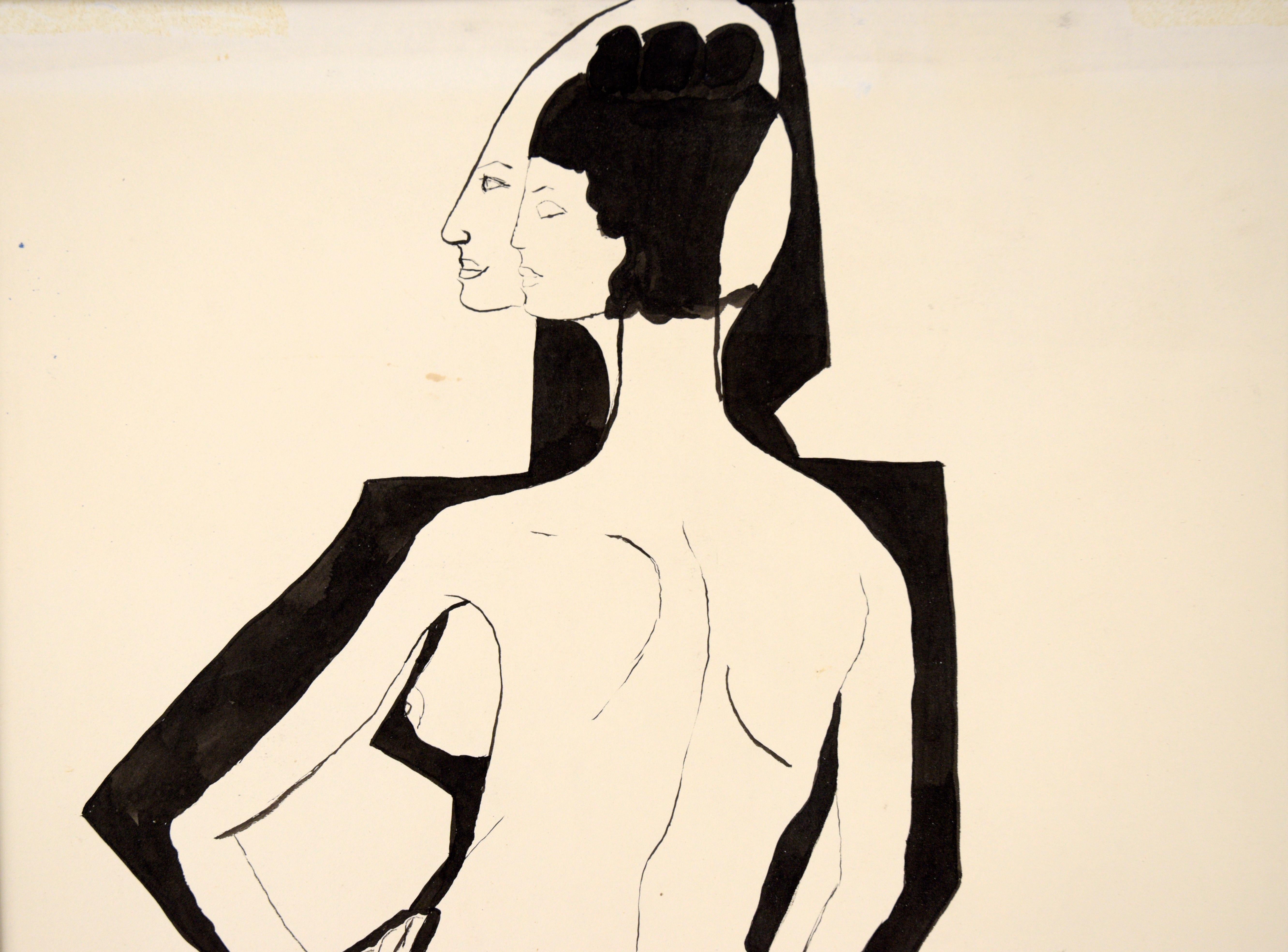 Peinture figurative abstraite moderniste d'un nu figuratif à l'encre sur papier d'Inde - Art de Louis Nadalini