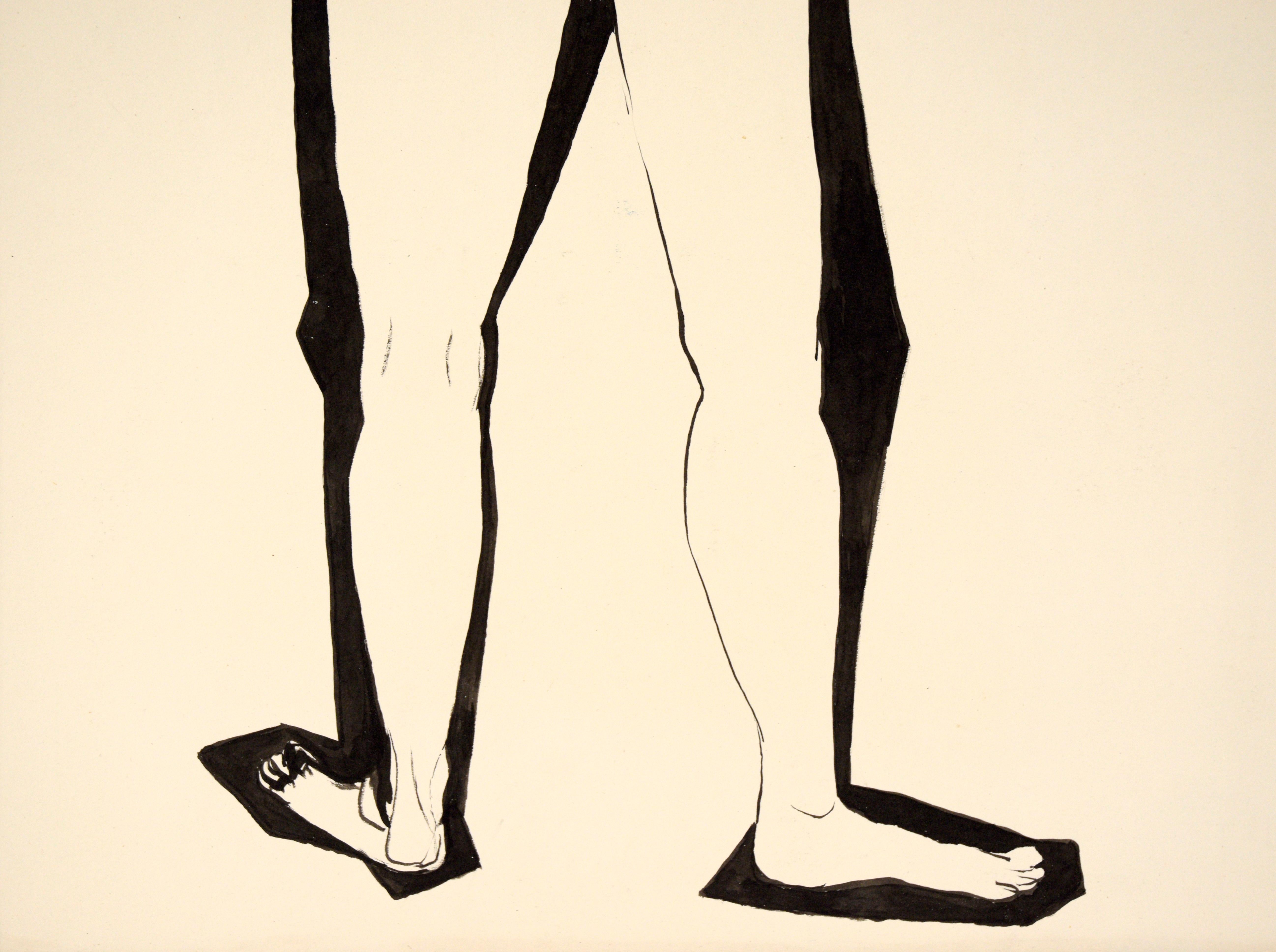 Modern abstracted nude figurative study in bold black ink by Louis Nadalini (American, 1927-1995). Signed in the top left corner under the mat, 