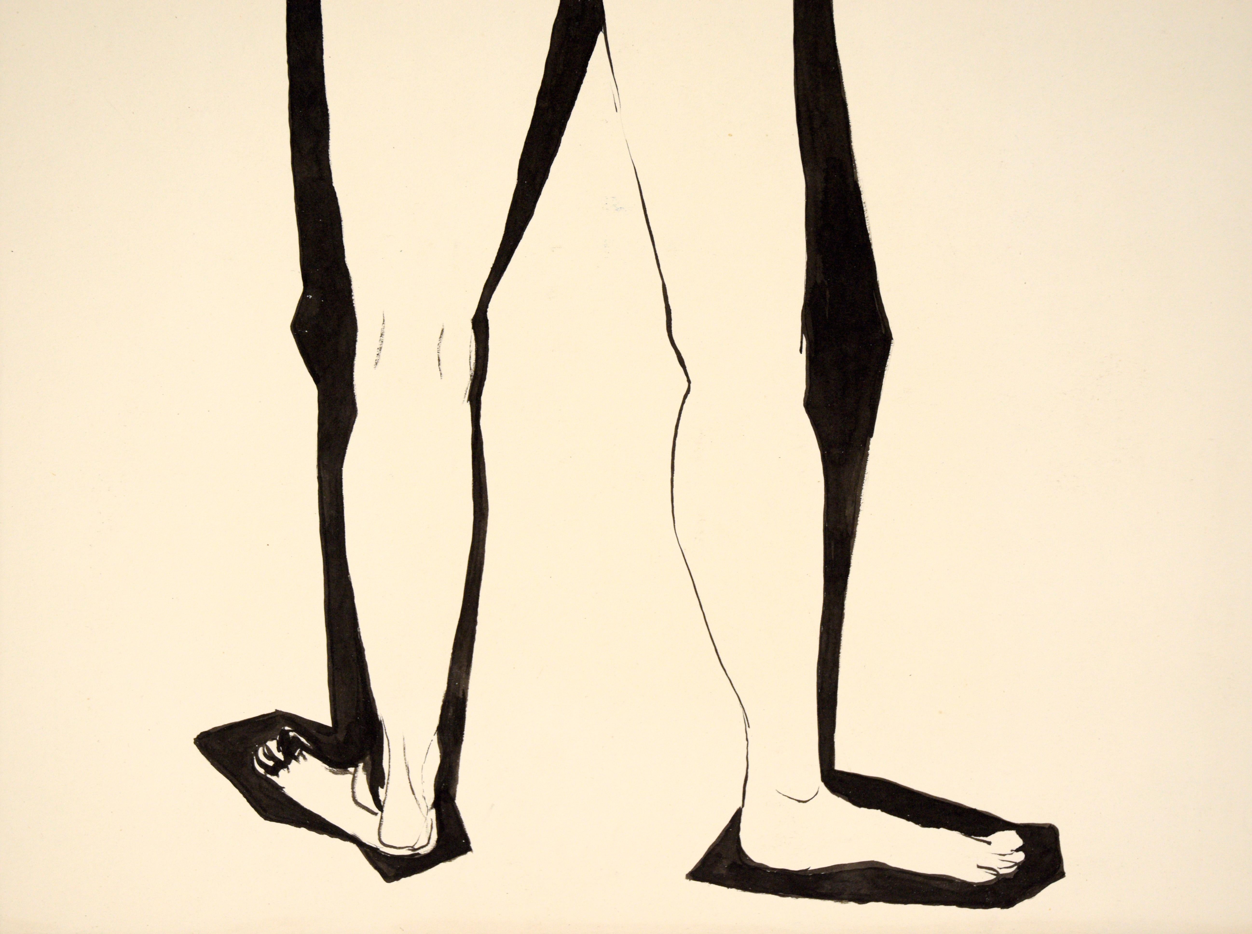 Pintura figurativa modernista abstracta desnuda en tinta china sobre papel - Figurative Art Blanco de Louis Nadalini