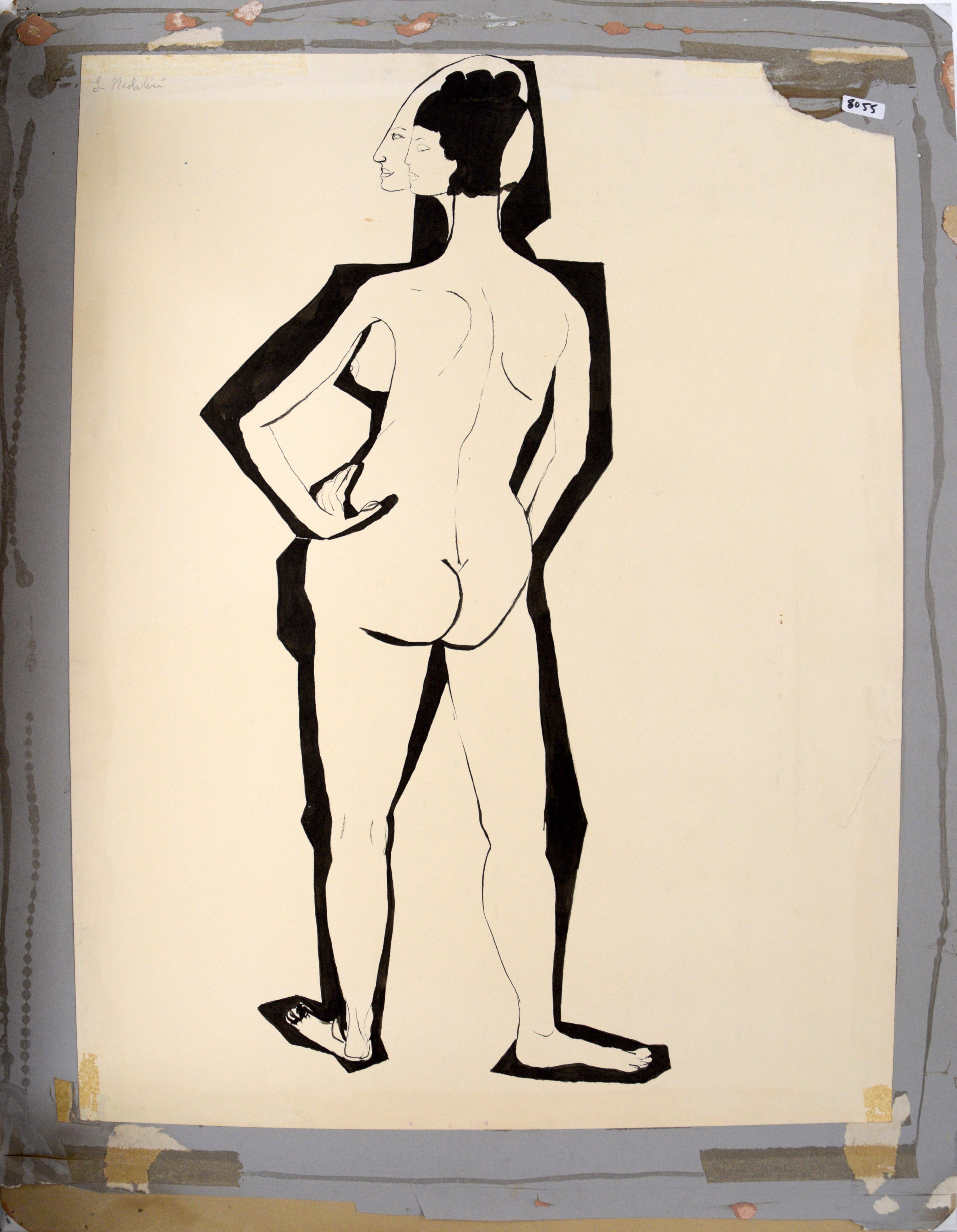 Modernist Abstract Nude Figurative Painting in India Ink on Paper For Sale 2