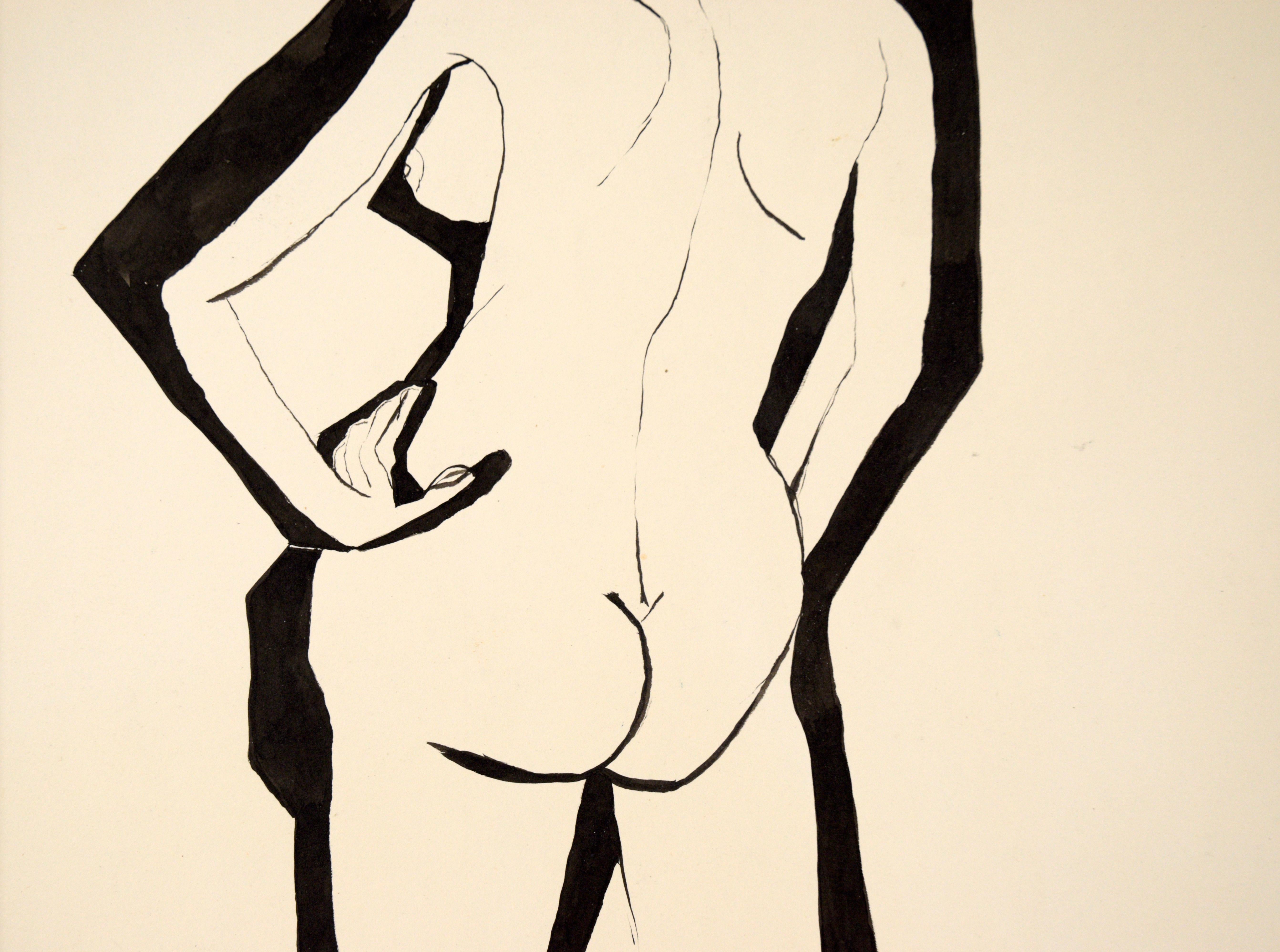 Modernist Abstract Nude Figurative Painting in India Ink on Paper - Abstract Expressionist Art by Louis Nadalini
